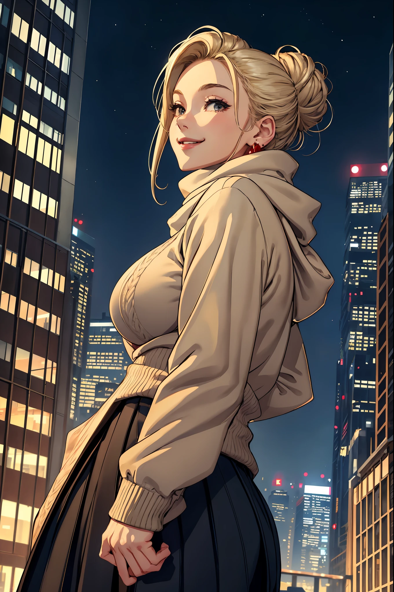 Scenery in the city、Many skyscrapers、(masterpiece:1.4)、(highest quality:1.4)、ultra high resolution、20 year old woman、whole body、Round earrings、blonde bun hair、Scarf、Black sweater、Beige skirt、(huge breasts:1.2)、red face、smile、arms behind body、night、profile、looking up at the sky