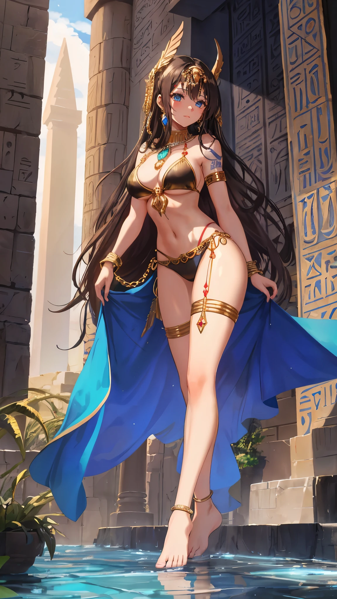 A captivating full body close-up of a Western Region Dancer, immersed in the intriguing world of fantasy. Her long, dark brown hair cascades down her shoulders, adorned with exquisite jewelry - a gold head chain, a delicate necklace, and a collar accentuating her wheat-colored complexion. Dressed in an exotic bikini costume, the humanoid dancer strikes a pose, her blue eyes gleaming with determination. The temple of Egypt looms behind her, bathed in the soft glow of red light yarn, two longer legs sprawled gracefully to one side. Her bare feet connect her to the earth as a tattoo adorns her
