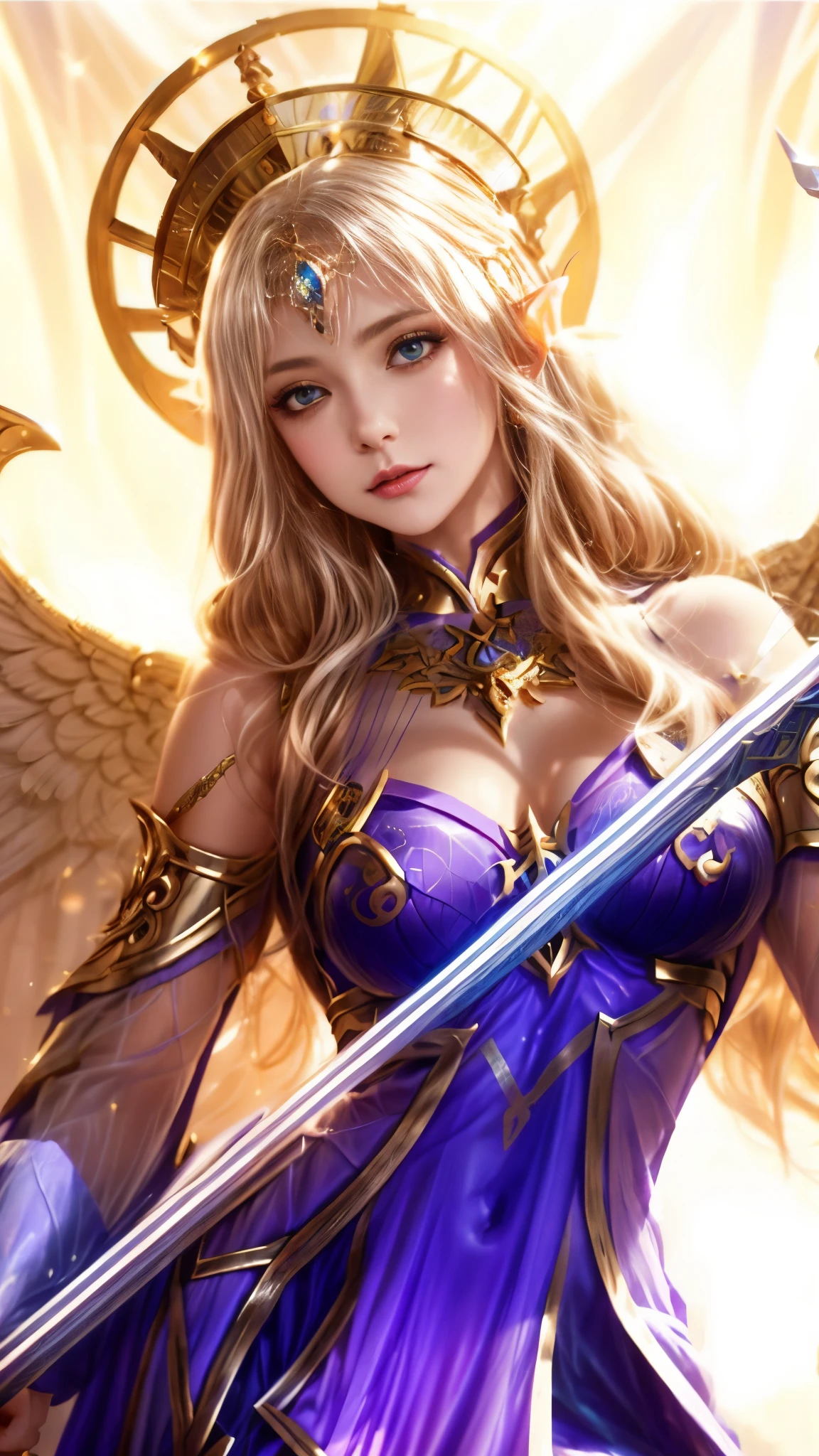 a woman in a purple dress holding a magic Wand, mystical atlantean valkyrie, angel knight girl, mystical valkyrie, alluring elf princess knight, portrait knights of zodiac girl, extremely detailed artgerm, as a mystical valkyrie, artgerm detailed, gorgeous female paladin, trending artgerm, style of artgerm, artgerm style