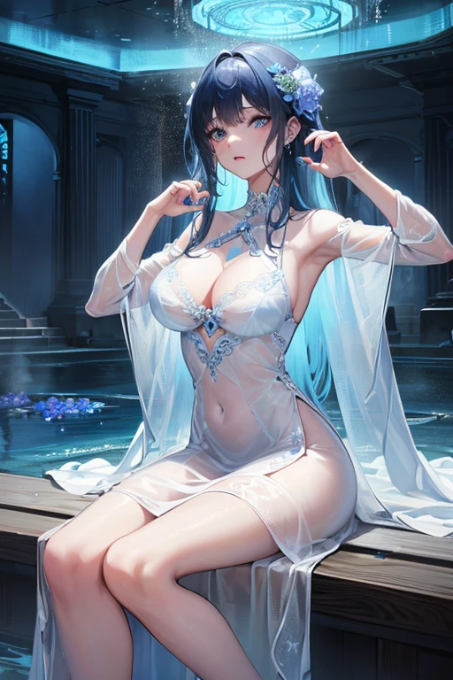 (highest quality, 8K, 32K, masterpiece, UHD: 1.3), 1 female, (Oversized: 1.3), perfect figure,, (attractive), (Sheer skin)) 、((((Transparent see-through dress))))、see-through dresses、lace sheer dress、Transparent dress、Sheer skin、Transparent dressを着た美しい裸の女性、solo、best style、big breasts、The most beautiful in the world、unparalleled beauty、long hair、 ((blue bathhouse)),、Blue lighting. concept art stunning atmosphere, blue atmosphere, beautiful concept art, Dark Majestic gorgeous public bath,、(blue water辺、blue water)、blue stone、blue stone、blue reflection、Cyan color、get wet in blue water、Blue light、blue flower、Blue roses、Blue World、Expressive、sexy pose、sexy design