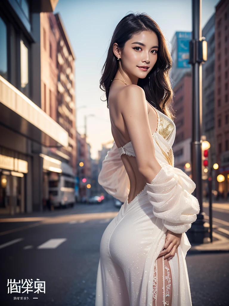 (masterpiece, Highest quality, 8K, High resolution),(Realistic skin texture, Perfect Face, Realistic, Perfect hands, Perfect finger count, Japanese, Girl), (18-year-old), Big Eyes, Brown eyes, Light brown hair, bangs, Braid, Small face, Smile, (See-through negligee, Pussy)), High floors, Overlooking the cityscape, Standing pose, Raise your arms, Hair blowing in the wind