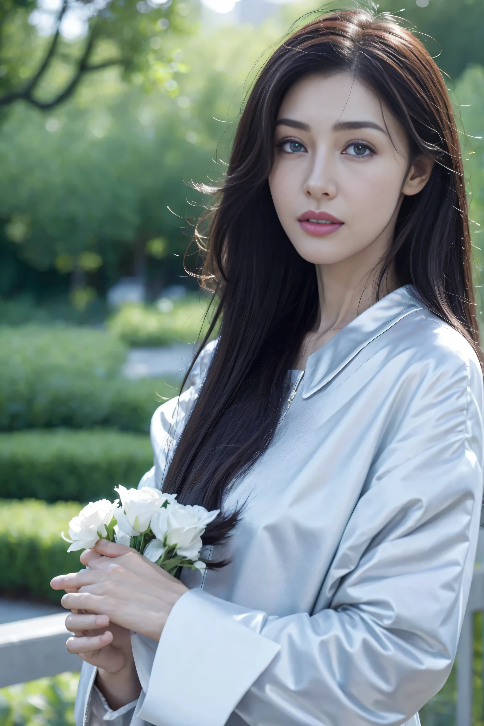 top-quality、超A high resolution、(Photorealsitic:1.4)、Cinematic,Bewitching beauty,Colossal 、up looking_で_viewer、detailed face details、beatiful detailed eyes、Silvery hair、blue eyess、Thin、Bewitching look、(makeups:0.3)、red-lips、Very detailed clothes、(ulzzang -6500-v1.1:0.3)