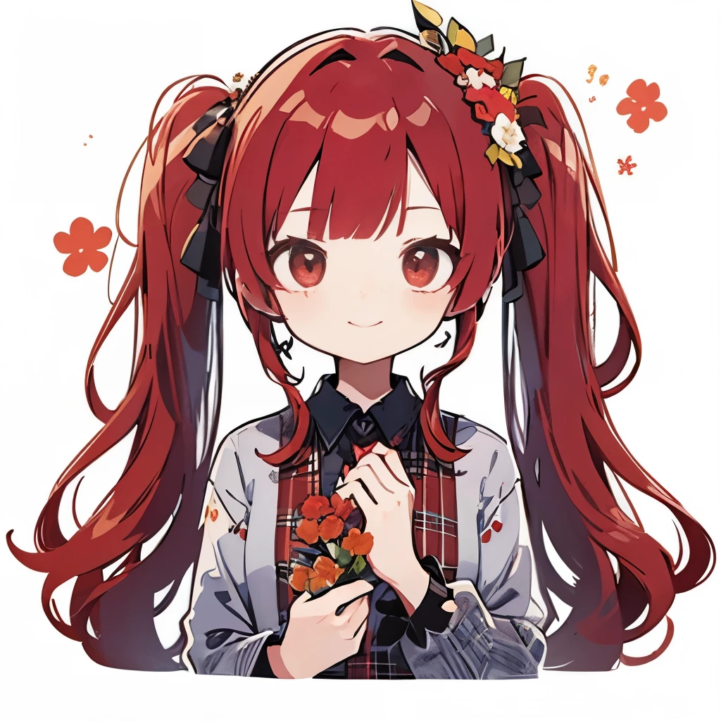 transparent watercolor、girl、Jewel Eyes、Beautiful arrangements and motifs、Depth of bounds written、flat avatar, 1girl,  slightly lighter red hair((twin tails、Hair rolls))、red hair、縦Hair rolls、twin tails、black shirt、Fluffy shirt、、red frill on shirt、red eyes、ツイン縦Hair rolls、flat avatar、Deformed、Upper body、Vertical curly hair、vertically curled hair、twin drill hair、Trixie、Cute backgrounds、has red flowers、red flower bouquet、best smile、view audience、cute pose、have a bouquet、Holding a bouquet