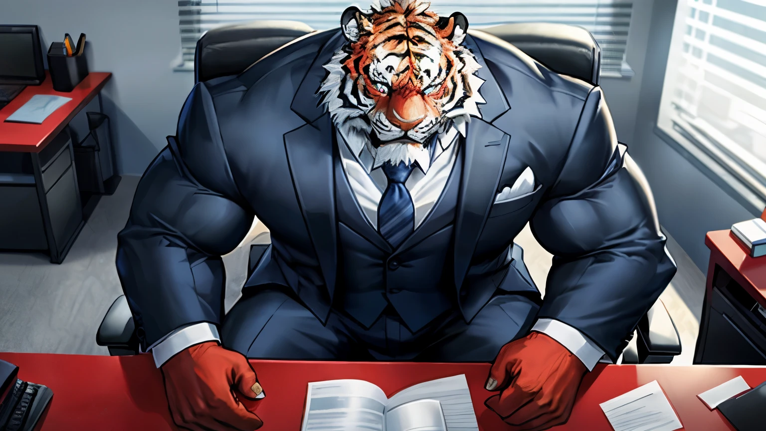Very muscular furry tiger, red eyes, heavy weight, bodybuilder builds, wearing office suit, formal suit, sitting on office chair, vibrant color, 4k, cool camera angle