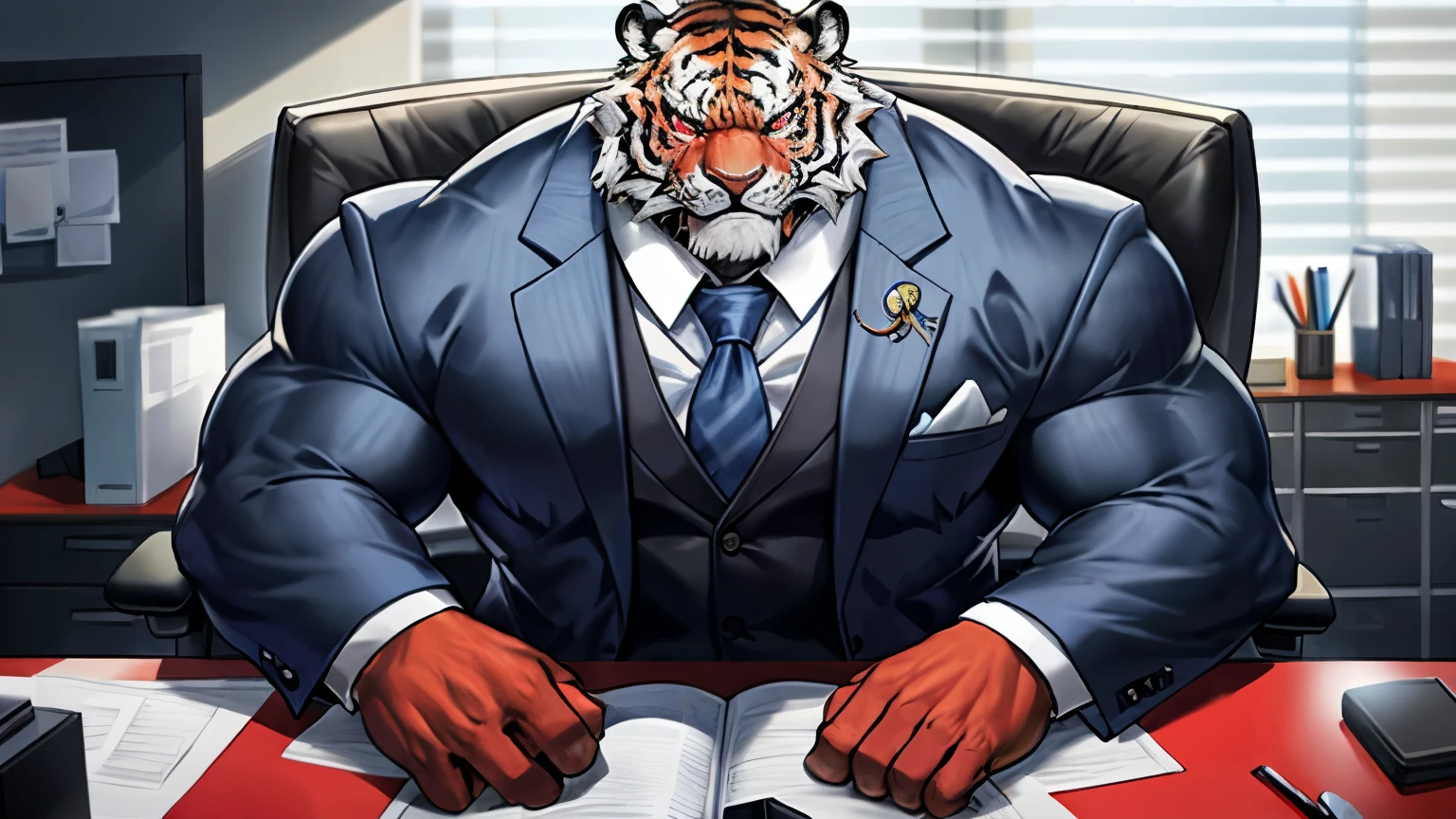 Very muscular furry tiger, red eyes, heavy weight, bodybuilder builds, wearing office suit, formal suit, sitting on office chair, vibrant color, 4k, cool camera angle