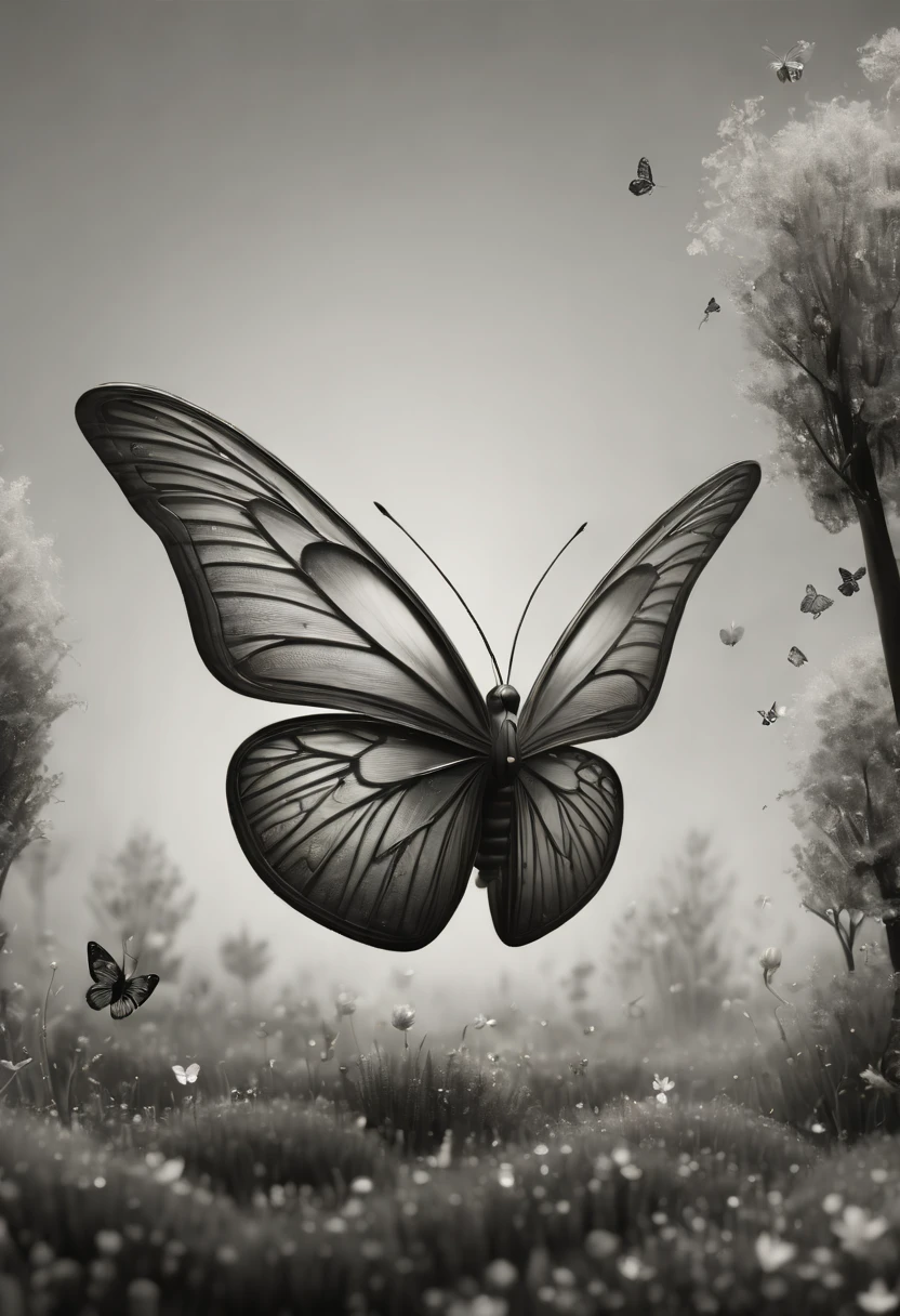 a butterfly made of dvr-honey flying in a [:(b&w, monochrome:2.0):1] forest, 35mm, intricate, (pastel tones), Surrealism, (best quality, masterpiece, Representative work, official art, Professional, unity 8k wallpaper)