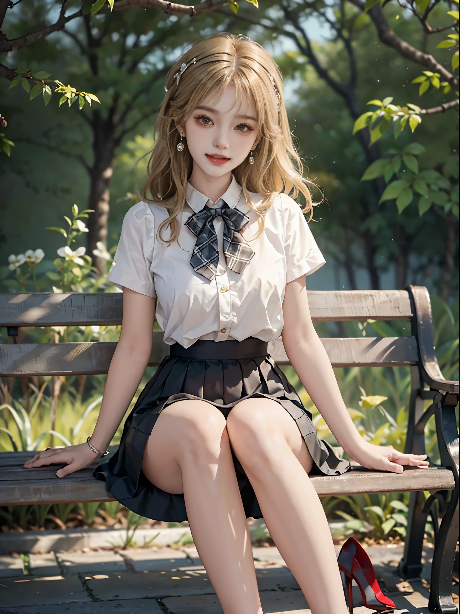 ((full body)), ((from below)), ((Sit on a park bench)), ((realistic)), 1girll, looking at viewert, Detailed scenes, curlies, Air bangs, Beautiful hair accessories, Brownish-yellow hair, ((White color blouse, Short black tight skirt, neck bowtie, high-heels)), (Campus style), warm lights, a warm color palette, Detailed details, 超詳細, (tmasterpiece, best qualtiy), (An extremely delicate and beautiful work), Delicate earrings, Delicate necklace, Simple blurred background, Extreme detail description, Ultra-fine painting, Delicate face, slim toned body, (ssmile, Baring teeth), (anatomy correct)