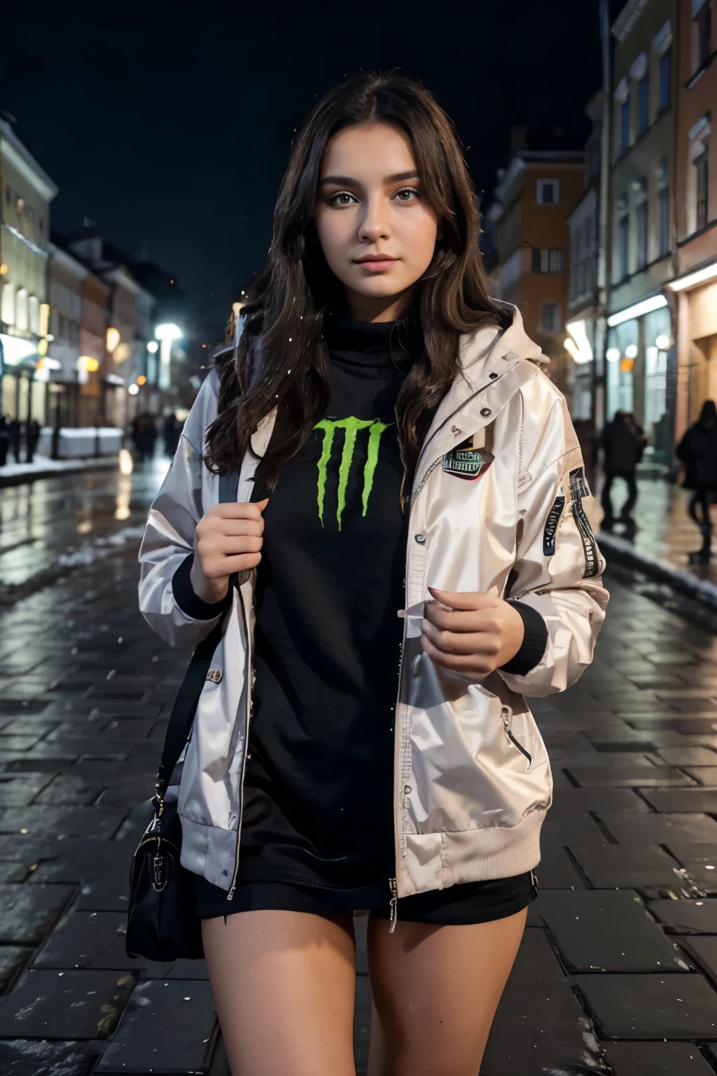 beautiful polish girl, 18yo, dark hair, tanned, realistic, 4k, monster energy drink, no nude, snow in polish city warsaw, she is in jacket, samsung phone photo quality