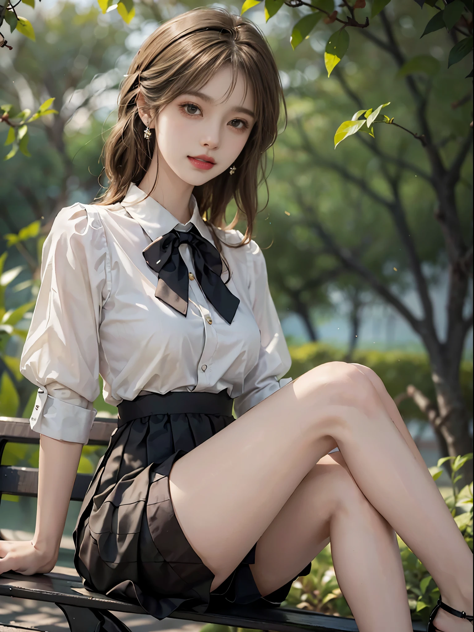 ((full body)), ((from below)), ((Sit on a park bench)), ((realistic)), 1girll, looking at viewert, Detailed scenes, curlies, Air bangs, Beautiful hair accessories, Brownish-yellow hair, ((White color blouse, Short black tight skirt, neck bowtie, high-heels)), (Campus style), warm lights, a warm color palette, Detailed details, 超詳細, (tmasterpiece, best qualtiy), (An extremely delicate and beautiful work), Delicate earrings, Delicate necklace, Simple blurred background, Extreme detail description, Ultra-fine painting, Delicate face, slim toned body, (ssmile, Baring teeth), (anatomy correct)