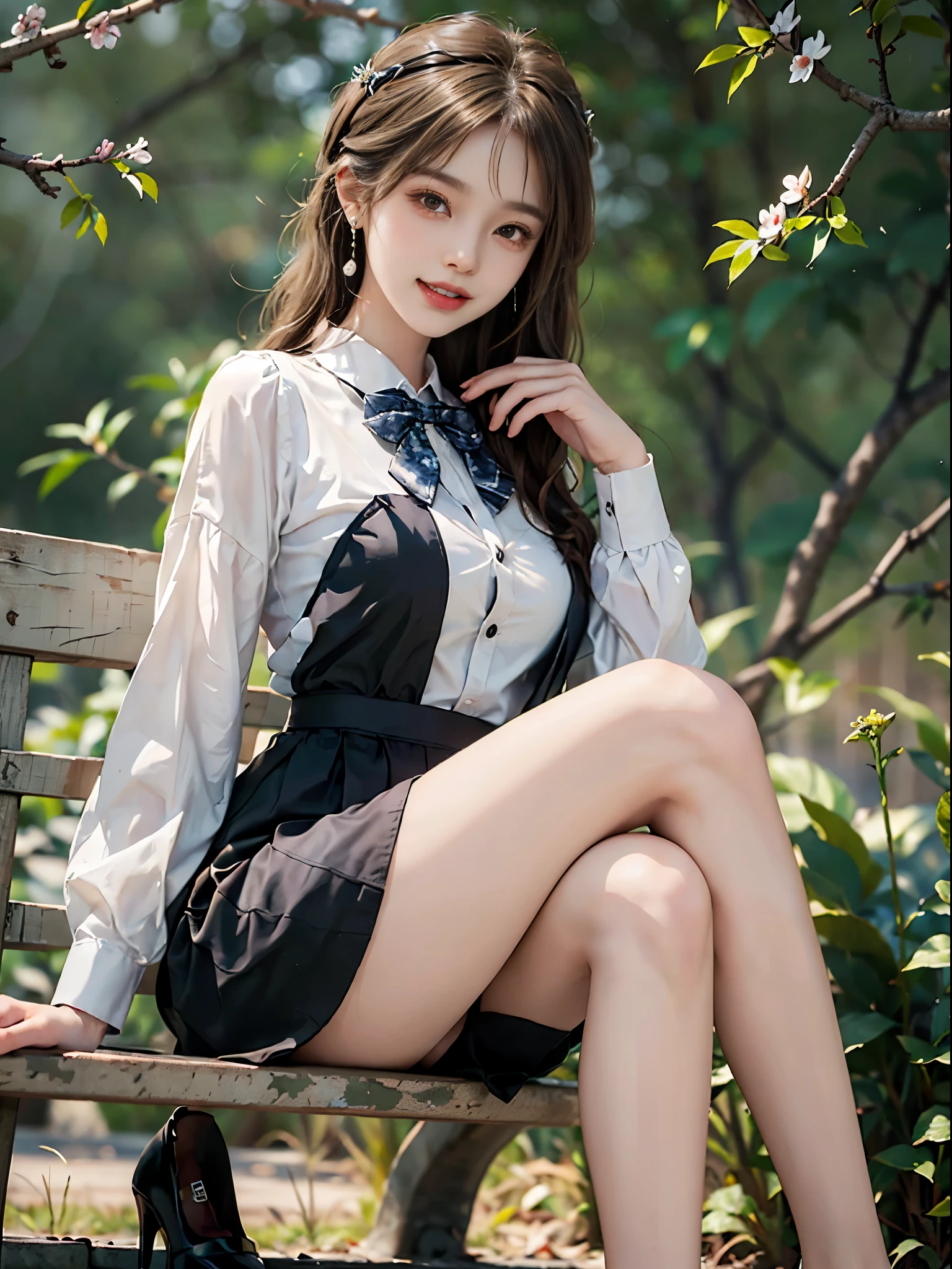((full body)), ((from below)), ((Sit on a park bench)), ((realistic)), 1girll, looking at viewert, Detailed scenes, curlies, Air bangs, Beautiful hair accessories, Brownish-yellow hair, ((White color blouse, Short black tight skirt, neck bowtie, high-heels)), (Campus style), warm lights, a warm color palette, Detailed details, ultra-detailliert, (tmasterpiece, best qualtiy), (An extremely delicate and beautiful work), Delicate earrings, Delicate necklace, Simple blurred background, Extreme detail description, Ultra-fine painting, Delicate face, slim toned body, (ssmile, Baring teeth), (anatomy correct)