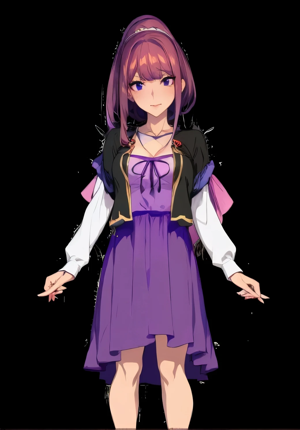 (sketchy style), anime girl in a purple dress and white shirt, maya fey from ace attorney, shalltear from overlord, visual novel sprite, hinata hyuga, anime stylized, anime moe artstyle, chiaki nanami from danganronpa, yandere intricate, single character full body, full body adoptable, anime style character, gapmoe yandere grimdark