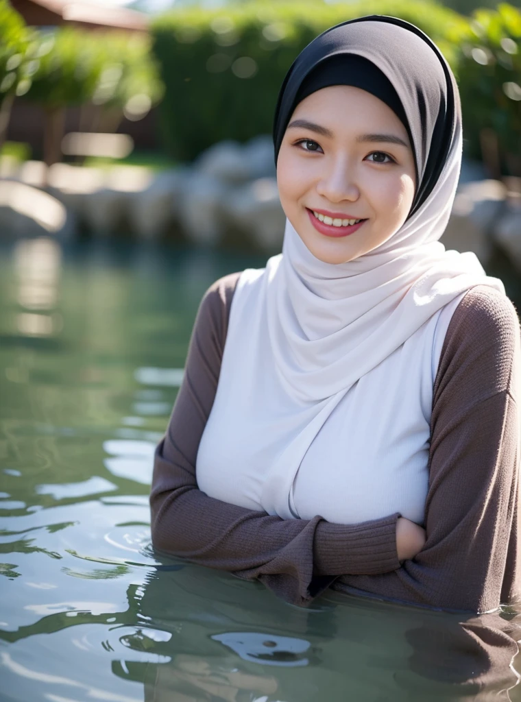 Malaysian, woman, blush, wore hijab, big breasts, smile, 1 person, hot spring