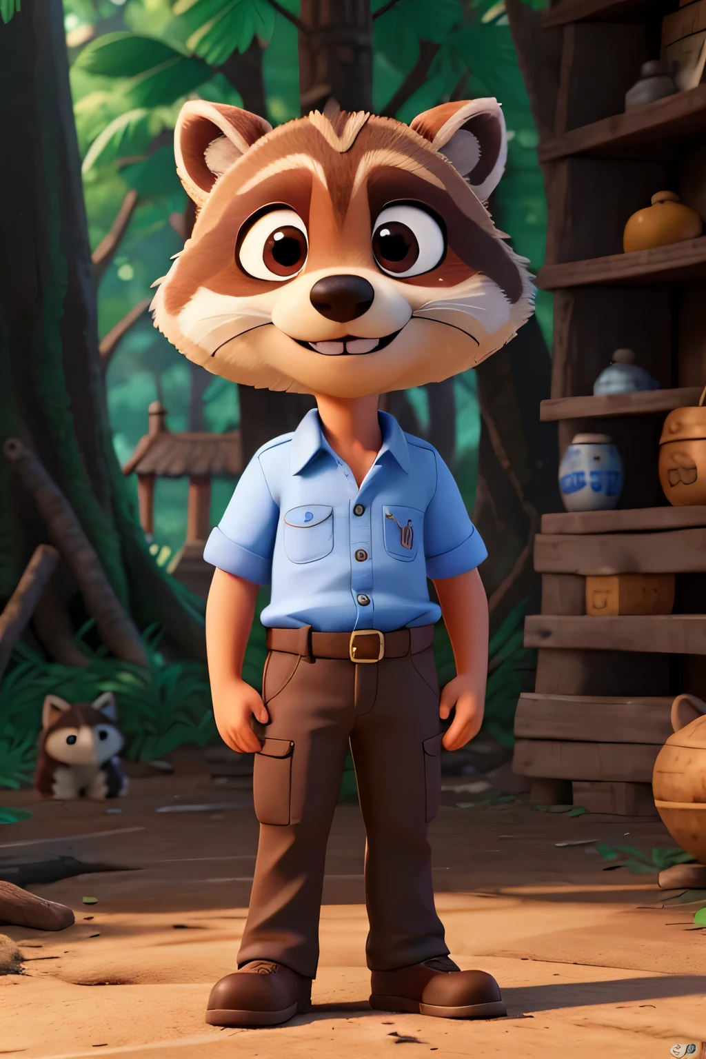 Description: Guaxinim fofo estilo mascote masculino. position: De costas, voltado para o observador. Camisa: Branca e lisa. position da Camisa: Allow the shirt to be visible from the back of the raccoon. position: Make it clear that the raccoon is showing something on the back of the shirt. Content: If there is something specific written or drawn, provide details about this. head: Em perfil, ao lado do guaxinim. Pincel: Held by the raccoon's hand, com a ponta apontando para cima. guaxinim, like a friendly look and smiling