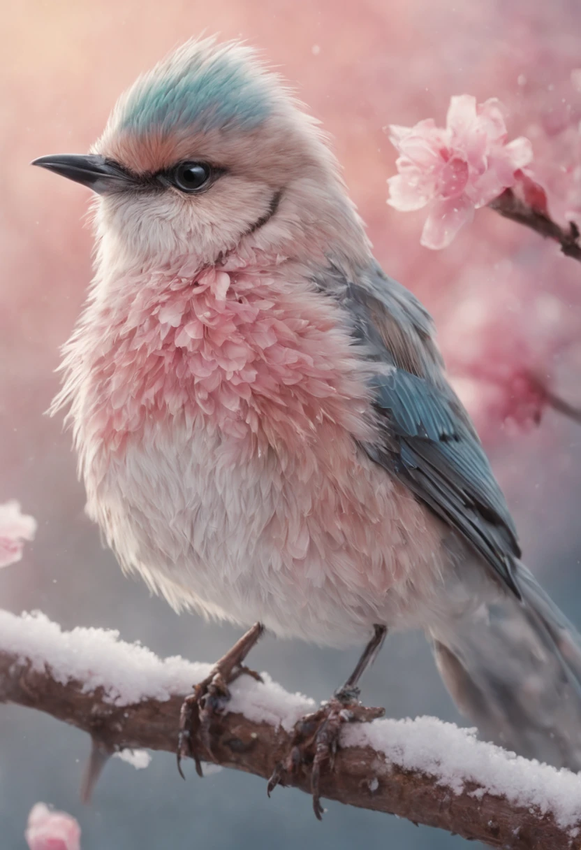 A beautiful hyper-fluffy hyperrealistic bird on a branch with pink flowers and snow. Small water drops, shining. Sunrise. Pastel colors. Intricately detailed, masterpiece, beautiful. Photorealistic, raw image