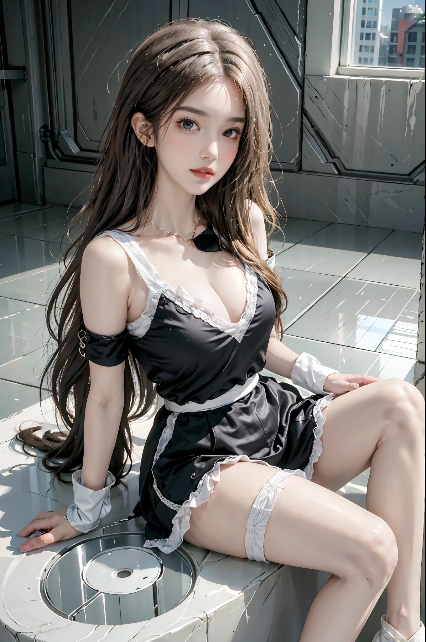 Special clothes39,maid, ((full body)), ((from side)), ((realistic)), 1girll, posed for photo, inside in room, desks, Sit Pose, pretty legs, The upper body leans forward slightly, looking at viewert, Detailed scenes, curlies, Air bangs, Beautiful hair accessories, Brownish-yellow hair, light make-up, Blushlush, Gloss on lips, (Campus style), warm lights, a warm color palette, Detailed details, 超詳細, (tmasterpiece, best qualtiy), (An extremely delicate and beautiful work), Delicate earrings, Delicate necklace, Simple blurred background, Extreme detail description, Ultra-fine painting, Delicate face, slim toned body, (grin, happy grin, Baring teeth), (anatomy correct)