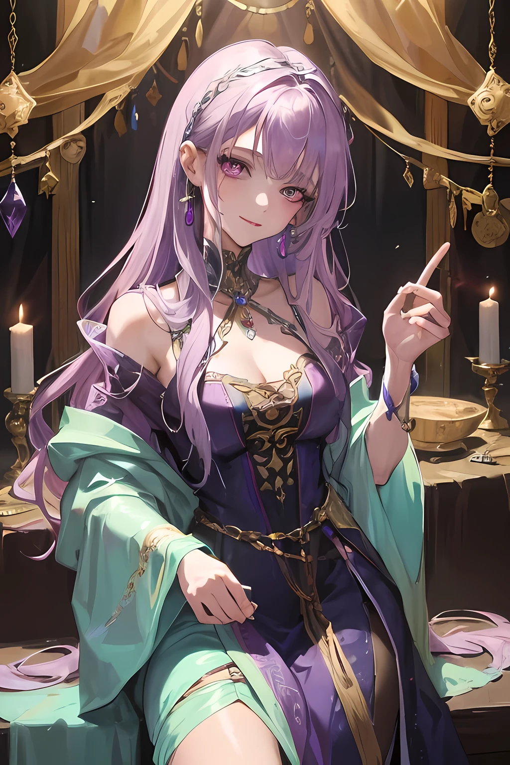 (masterpiece, top quality, best quality, official art, beautiful and aesthetic:1.2), (1girl:1.3), wavy long hair, light purple hair, extremely detailed, portrait, looking at viewer, solo, (full body:0.6), detailed background, close up, glowing eyes, (cold arctic winter theme:1.1), fortune teller, charlatan, smirk, mysterious, sitting at table, colorful shoulderless loose gypsy fortune teller clothes, chalice, tarot cards, crystal ball, medieval (tent interior:1.1) background, tent curtains in background, dark mysterious lighting, shadows, magical atmosphere, starry night,, dutch angle