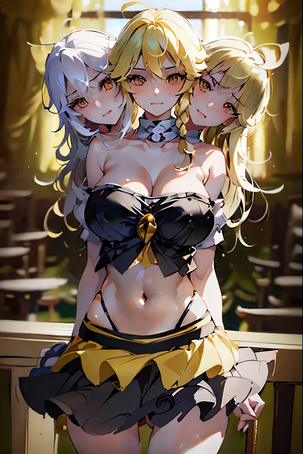(masterpiece, best quality), best quality, (ultra-detailed), (3heads:1.5), 1girl, (kirasame marisa:1.3), masterpiece, best quality, black top, crop top, ((stomach)), midriff, ((groin)), black skirt, normal ears, shackles, blonde hair, very long hair, wavy hair, sidelocks, yellow eyes, parted lips, single horn, sweat, cute, toned belly, hand on own chest, eyelashes, (24 year old woman:1.3), (masterpiece:1.4), (best quality:1.4), (beautiful detailed, extremely detailed CG, extremely delicate and beautiful, depth of field, (finely detailed face), (perfect details:1.1), (mature female:1.3), wide pelvis, slender, large veiny breast, 8k resolution, high quality, high definition, extremely detailed, masterpiece, best quality, blonde hair, long hair, alluring presence, single braid, braid, short skirt, close up, big tits, young,
