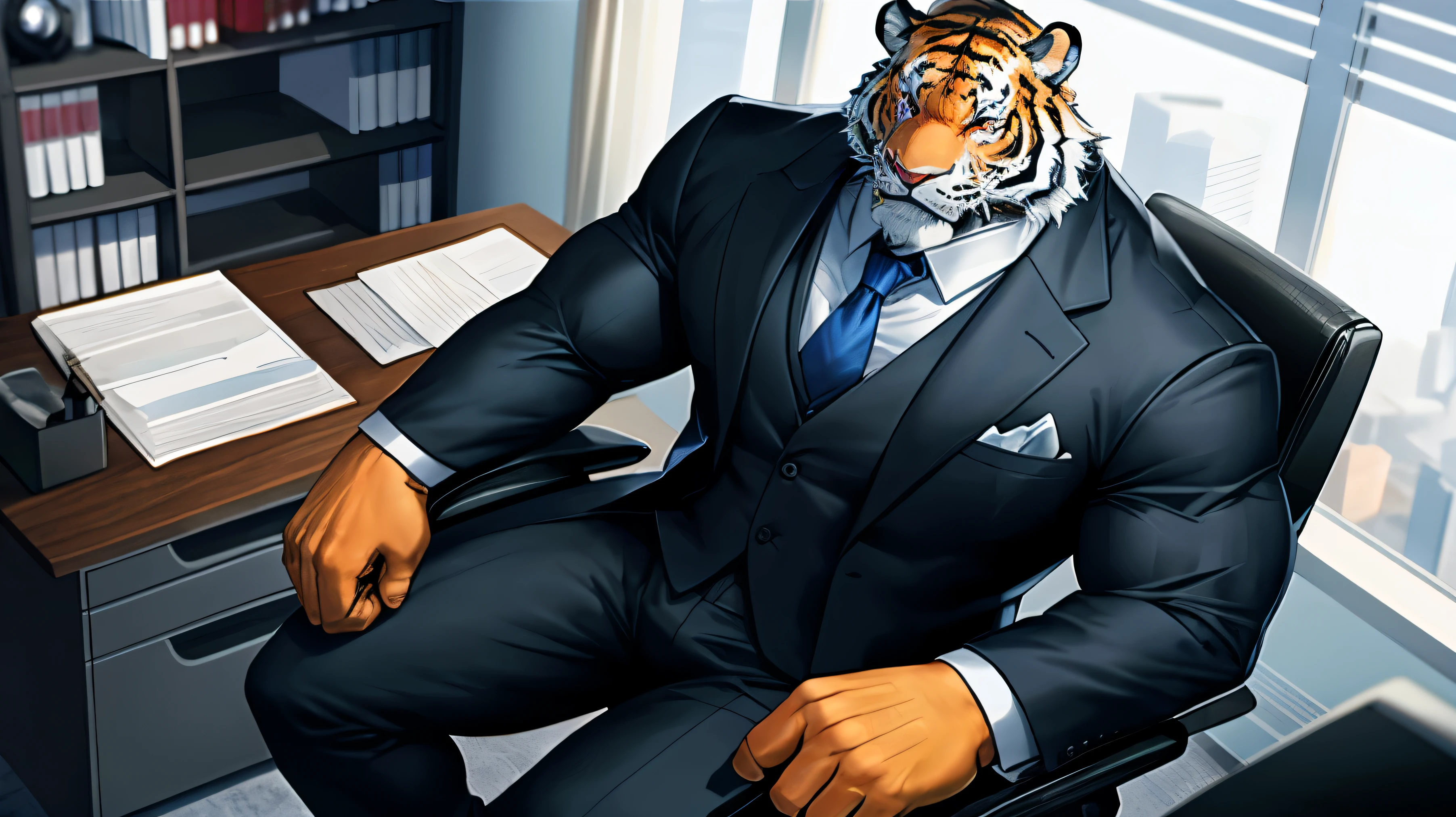 Very muscular furry tiger, red eyes, heavy weight, bodybuilder builds, wearing office suit, formal suit, sitting on office chair, vibrant color, 4k, cool camera angle