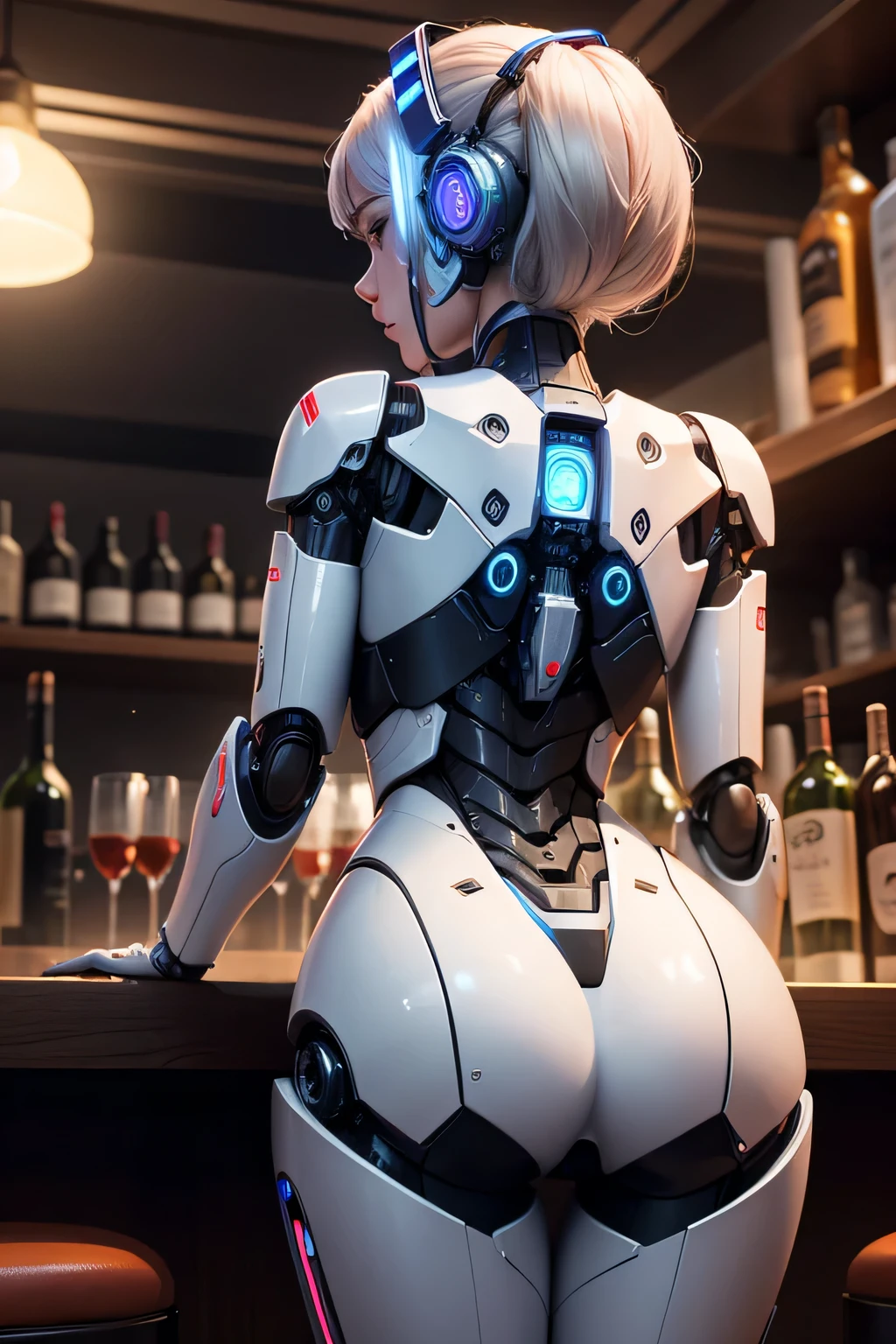 A female robot drinking alcohol at the bar counter Oblique view from behind mechanical body