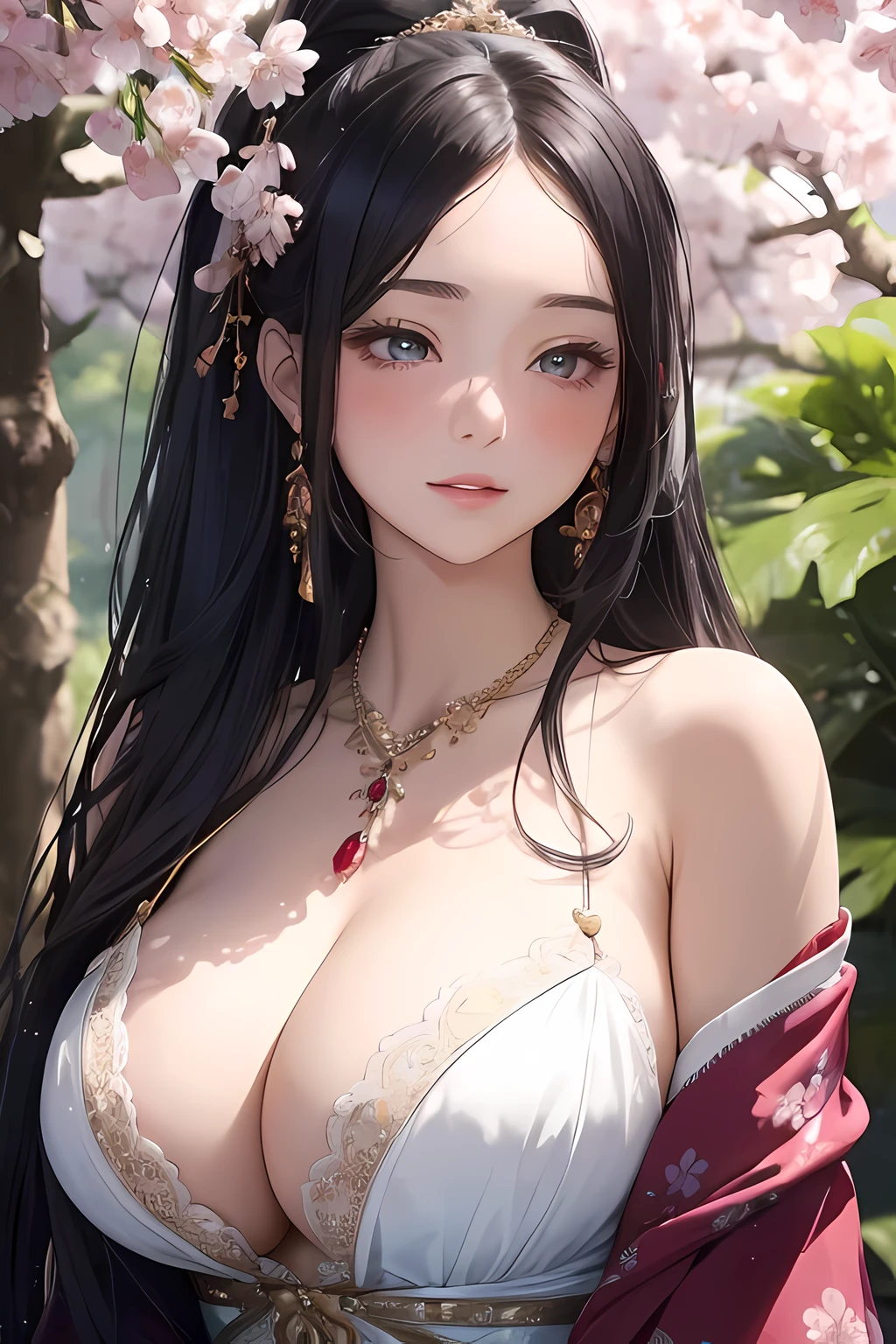 ((Masterpiece)), top quality, 1 girl,
Sitting serenely under a blooming cherry blossom tree,
Long blue hair cascading down her shoulders, adorned with a side ponytail and long sidelocks,
Her beautiful yellow eyes reflecting the dappled light filtering through the lush canopy,
Gigantic breasts accentuated by the plunging neckline of her pleated dress, displayed proudly with a delicate cleavage,
Necklace and intricate jewelry adorned her elegant neck,
A delicate ornament graced her forehead as an added detail,
A gentle smile graced her lips as she blushed at the sight of