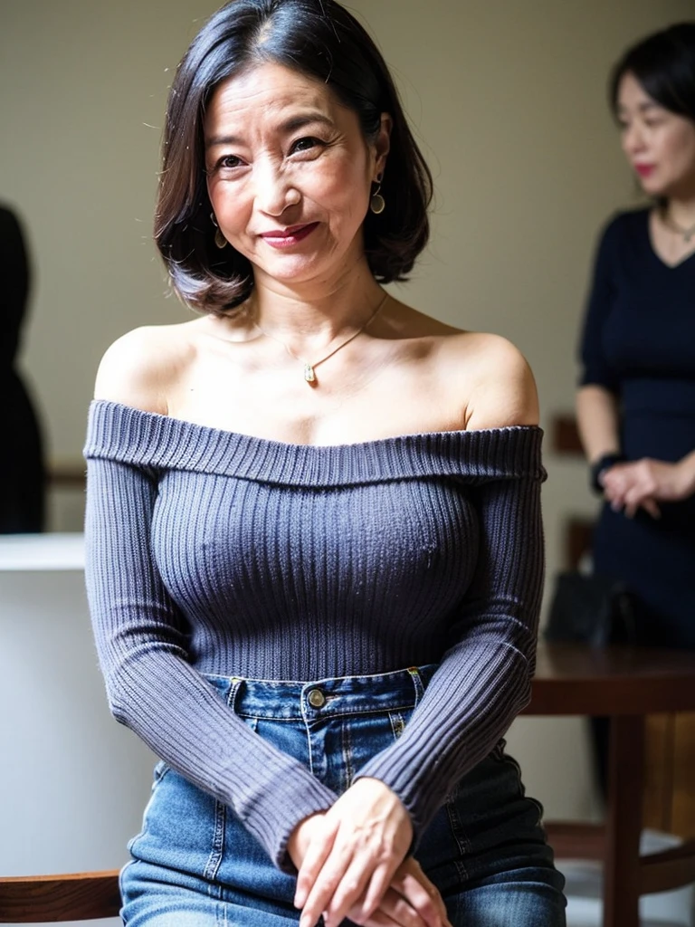 (masterpiece, highest quality), japanese mature, (alone), 60 years old, (wrinkles around the eyes:1.45), big breasts, mature woman, Glamour, Sexy, pure white skin, looking at the viewer、super big breasts、(long hair)、small diamond necklace、earrings、(((Detailed white knit off shoulder, denim tight skirt)))、high heels、smile、Public place、cross your legs、sit on a chair、full body photo、