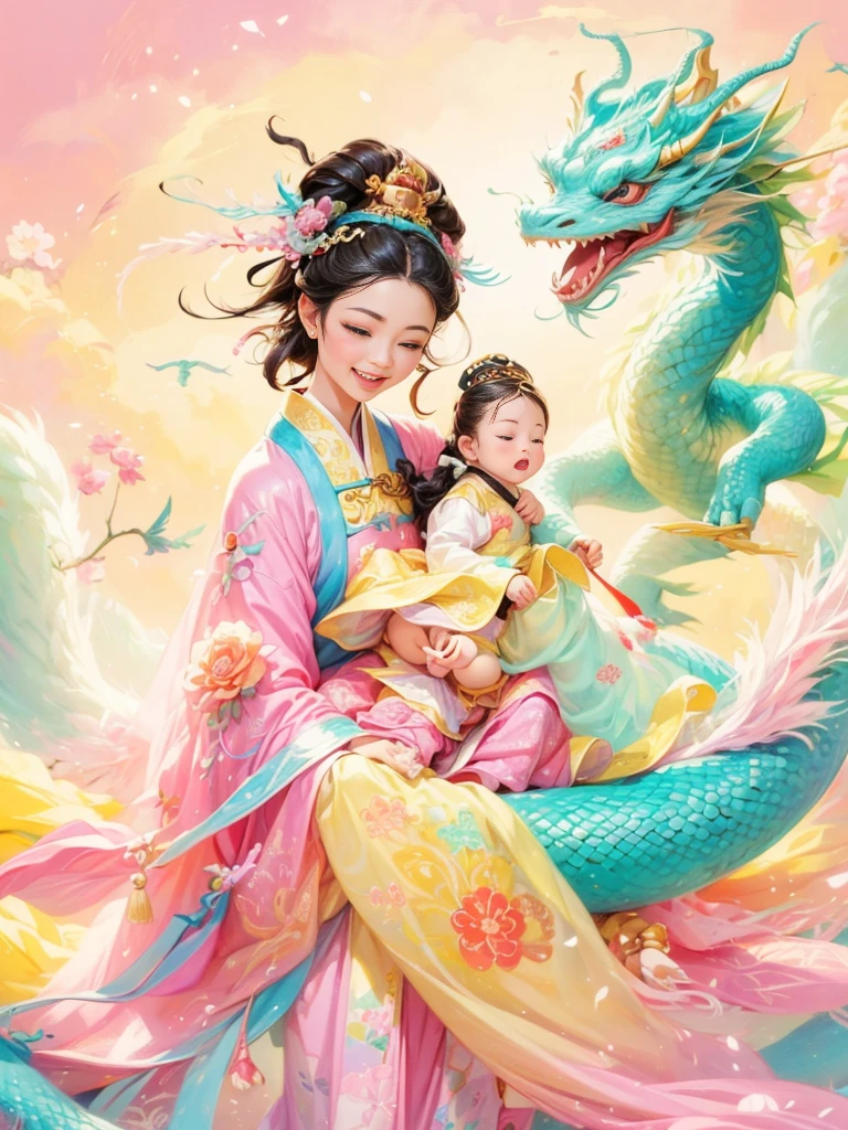 dragonjoyful and festive scene featuring a cute and lively 5-year-old ancient Chinese princess embracing a fluffy-textured, mythical Chinese baby dragon. Both are sleeping peacefully. The background is enhanced with festive decorations, such as lanterns, colorful banners, and traditional Chinese motifs, symbolizing celebration and happiness. This scene, rich in ancient Chinese cultural elements, captures a sense of joy and festivity, making the moment between the princess and the dragon even more endearing and magical, (花卉水彩画:1.5), (Ultra high saturation, bright and vivid colors: 1.5), (nsfw), (Facing the viewer: 1.5)，(pastel tone painting: 1.8)