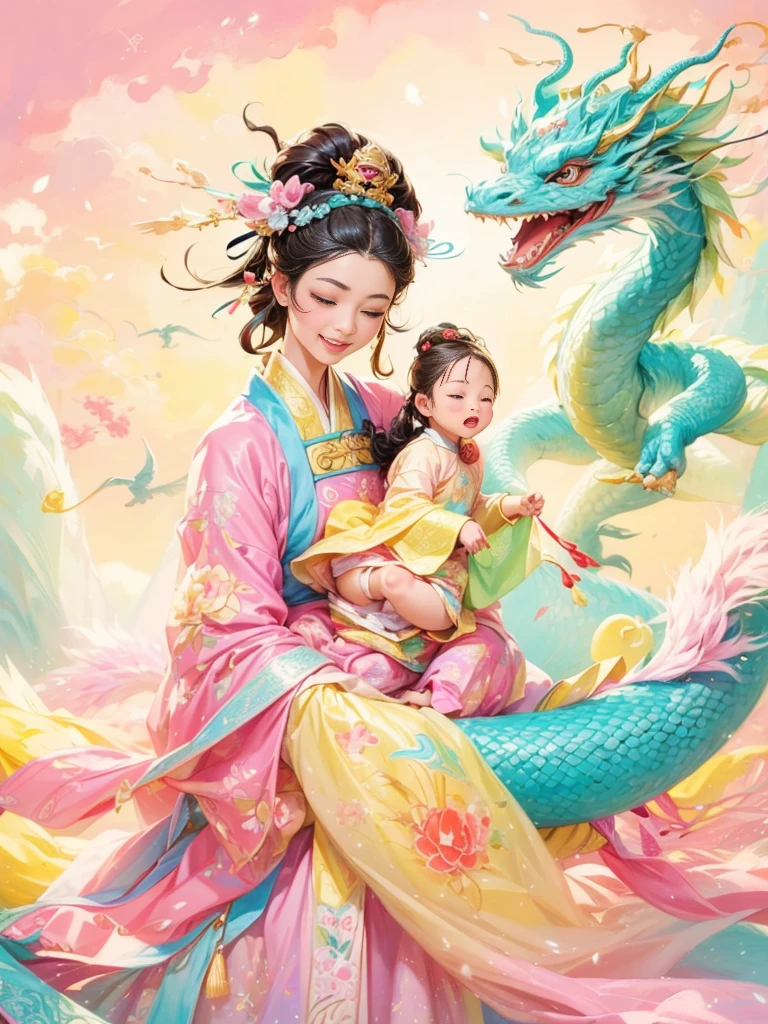 dragonjoyful and festive scene featuring a cute and lively 5-year-old ancient Chinese princess embracing a fluffy-textured, mythical Chinese baby dragon. Both are sleeping peacefully. The background is enhanced with festive decorations, such as lanterns, colorful banners, and traditional Chinese motifs, symbolizing celebration and happiness. This scene, rich in ancient Chinese cultural elements, captures a sense of joy and festivity, making the moment between the princess and the dragon even more endearing and magical, (花卉水彩画:1.5), (Ultra high saturation, bright and vivid colors: 1.5), (nsfw), (Facing the viewer: 1.5),(pastel tone painting: 1.8)
