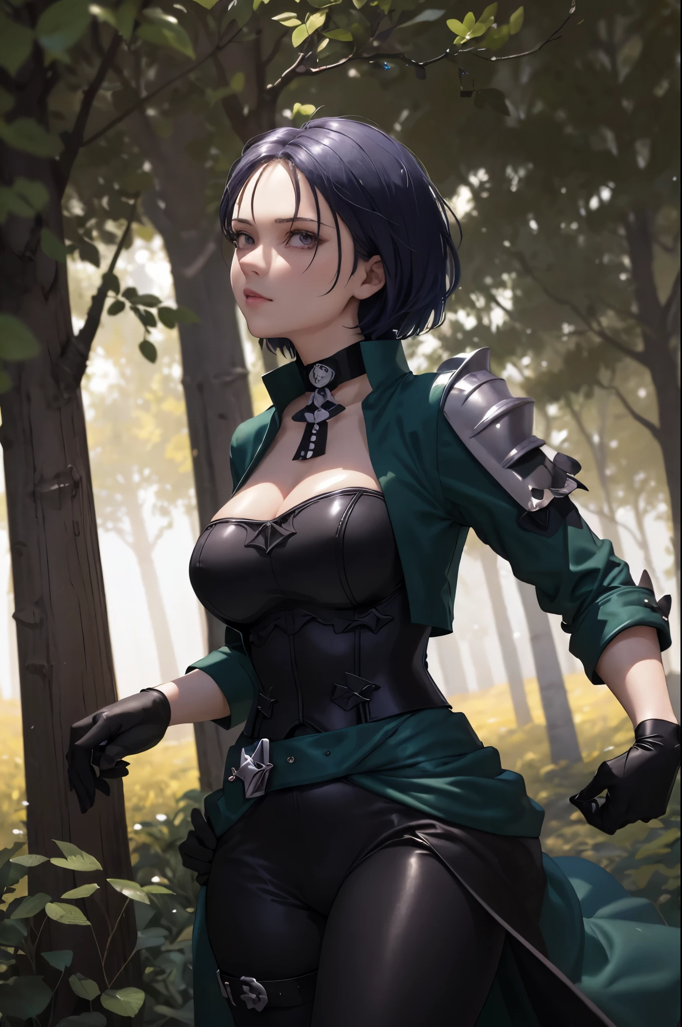 masterpiece, best quality, defShamir, collar, shoulder pad, black shirt, black gloves, bodice, green jacket, green belt, black pants, upper body, looking at viewer, serious, large breasts, forest, from side, trail 