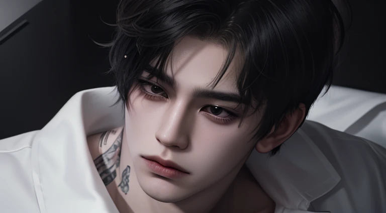 man,bangs-hairstyle, handsome, japanese bad boy, ultra-detailed,hyper details,cinematic light, solo,stand,white studio,black-and-white-filter,closeup,front,looking at viewer from front,manhwa-style,unbutton-shirt,tattoo in chest.