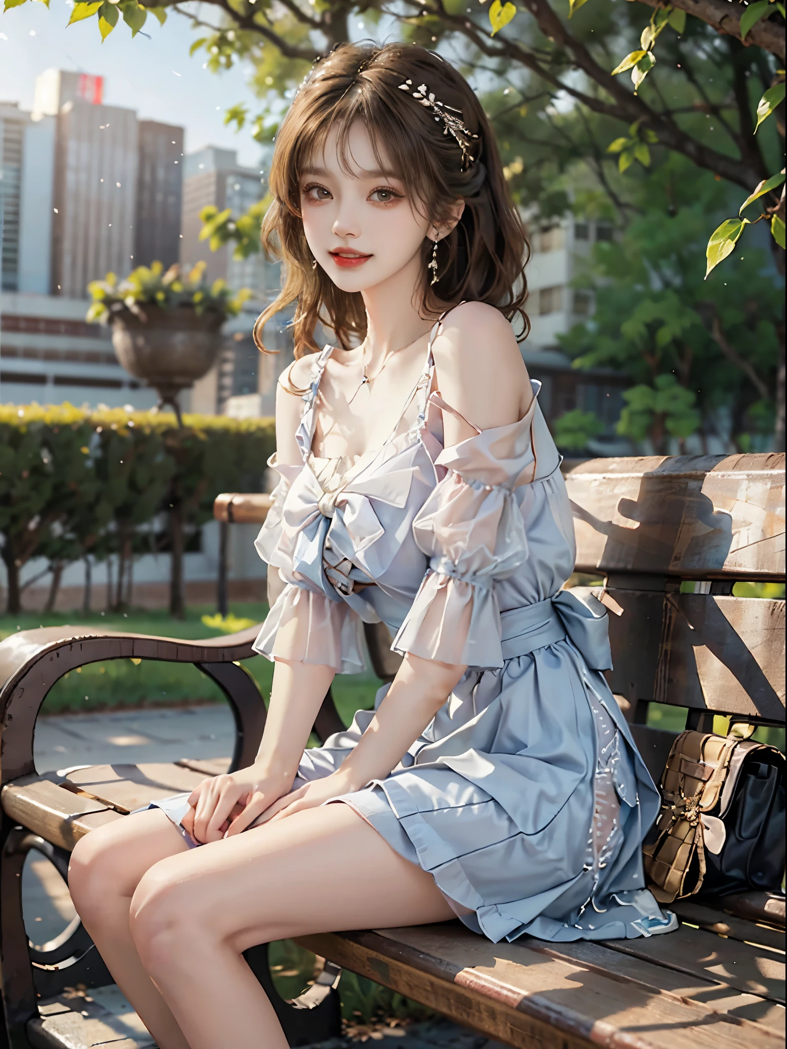 Sweet girl clothes7,skirt, ((full body)), ((from below)), ((Sit on a park bench)), ((realistic)), 1girll, looking at viewert, Detailed scenes, curlies, Air bangs, Beautiful hair accessories, Brownish-yellow hair, (Campus style), warm lights, a warm color palette, Detailed details, 超詳細, (tmasterpiece, best qualtiy), (An extremely delicate and beautiful work), Delicate earrings, Delicate necklace, Simple blurred background,  Extreme detail description, Ultra-fine painting, Delicate face, slim toned body, (ssmile, Baring teeth), (anatomy correct)