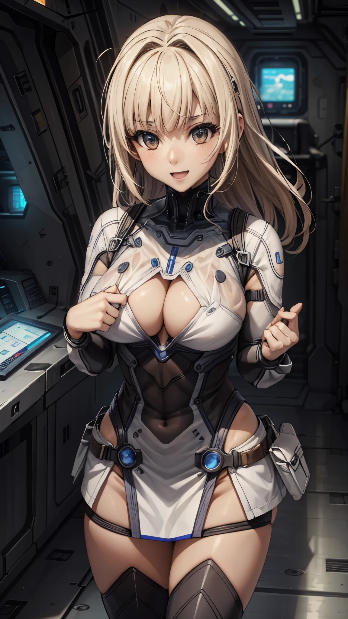 woman,20-year-old,,city,night,((white tight miniskirt bodysuit)),(Harada Makoto),open mouth smile,(((See-through))),((blonde)),long hair