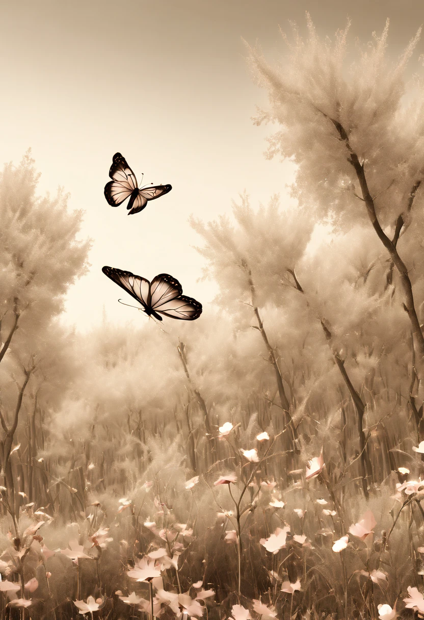 a pink butterfly flying in a [:(b&w, monochrome:2):1] forest, 35mm, intricate, (pastel tones), Surrealism, (best quality, masterpiece, Representative work, official art, Professional, unity 8k wallpaper)