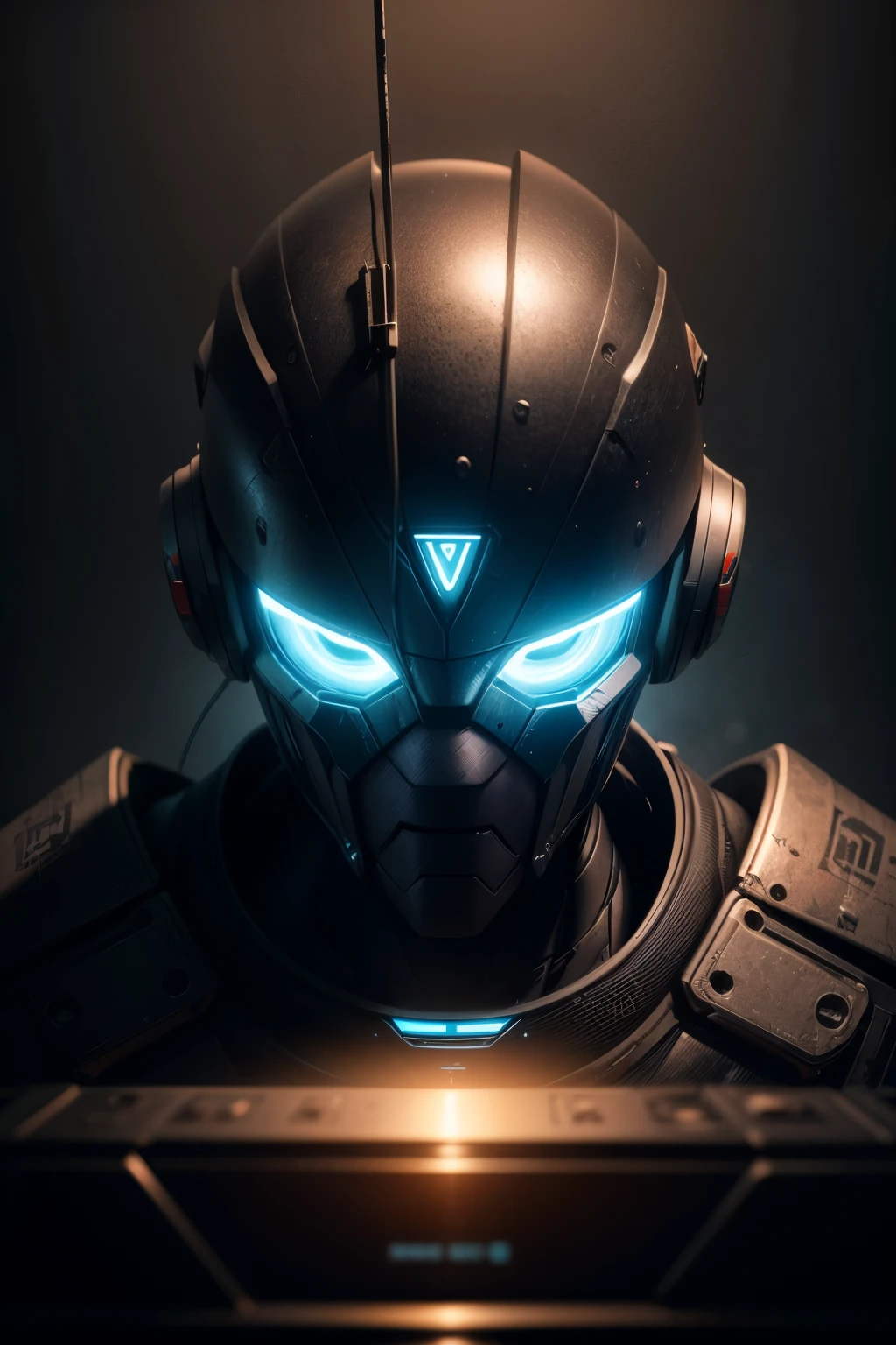 a robot from the future with a mirrored visor in place of his face speaking into a speaker, hyper-realistic, + cinematic shot + dynamic composition, incredibly detailed, sharpen, details + superb details + evening with light + perfectionism + award winning realism ((moody lighting))