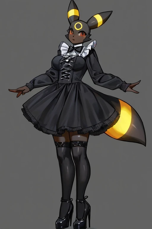 ((Umbreon)), anthropomorphic, big boobs, big ass, pokemorph, (((1girl))), (((black gothic lolita long sleeve dress))), (black stockings), cute and sexy, (black heels), slender, black skin, long legs