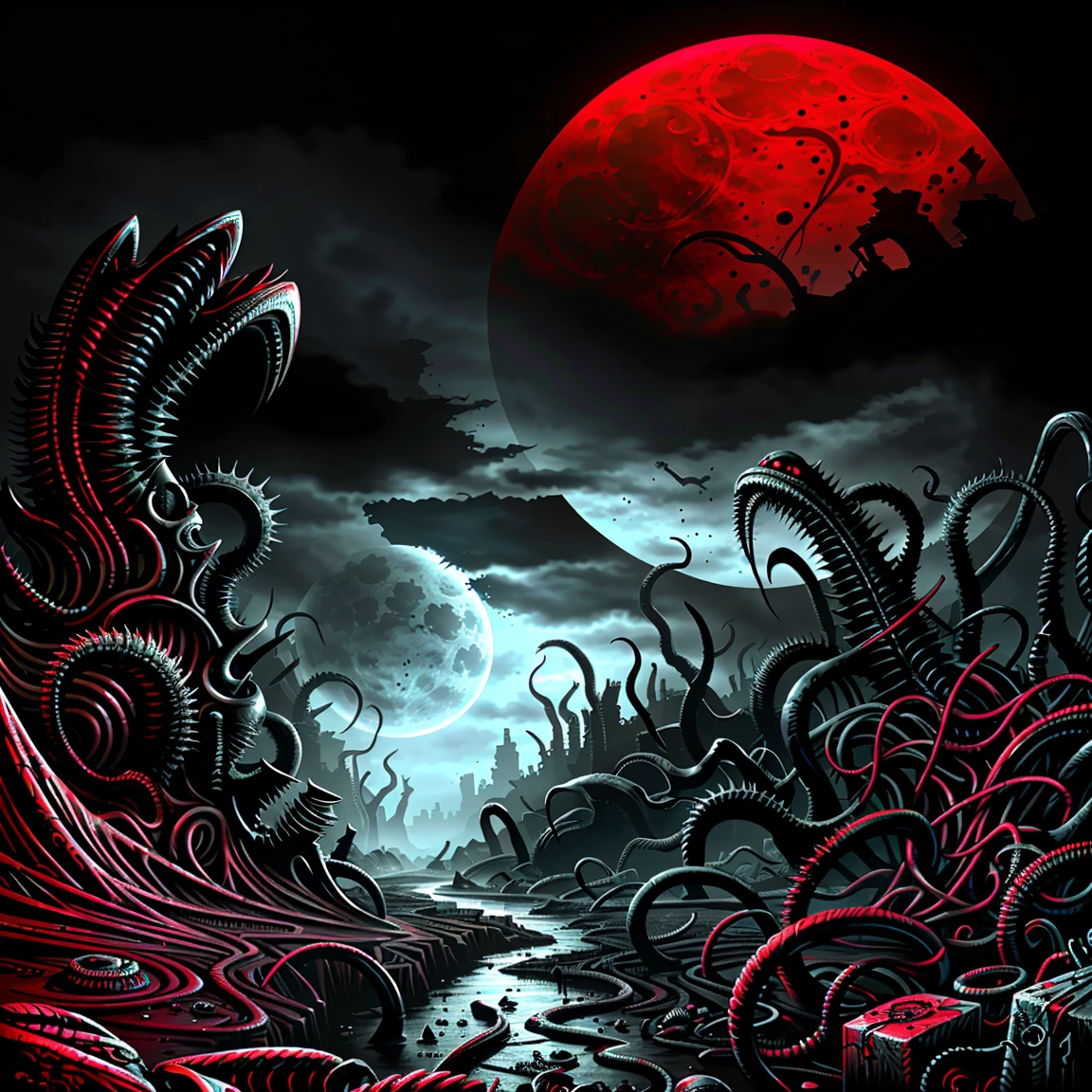 A mad evil landscape. Tentacles rise from the abyss, Polluted rivers, graveyard of horrors, Blood-red moon, Hyper-realistic engine, UHD sketch color painting.