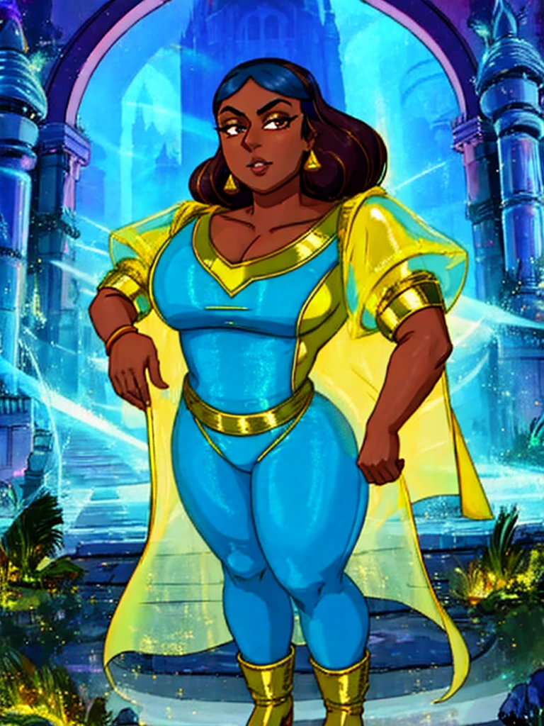 solo, indian ifbb priyanka maheswaran, (shiny plastic gold short jumpsuit), translucent blue robe, dark skinned, thick lips, night, ruin cyber palace, dynamic view