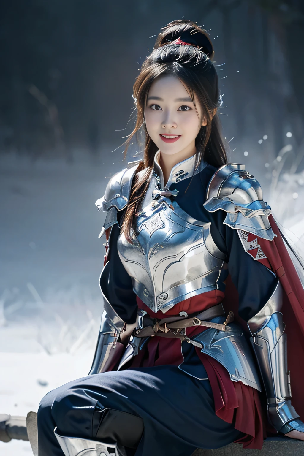 Chinese female general Hua Mulan，Vermilion Hufu lining，，Crimson cape，Silver metal breastplate，silver helmet，battlefield background，majestic，Smile（open mouth）（The corners of the mouth are raised），Leather tunic，Knee armor，Eight clones，silver metal headband，Hair bun raised high。wild wilderness background