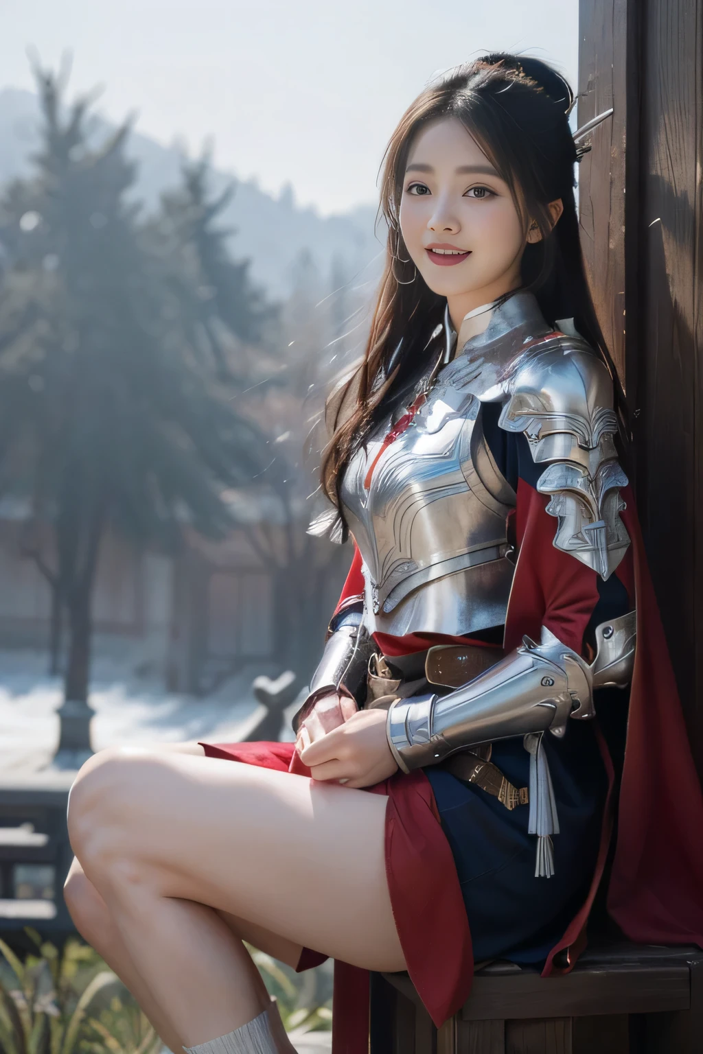Chinese female general Hua Mulan，Vermilion Hufu lining，，Crimson cape，Silver metal breastplate，silver helmet，battlefield background，majestic，Smile（open mouth）（The corners of the mouth are raised），Leather tunic，Knee armor，Eight clones，silver metal headband，Hair bun raised high。wild wilderness background