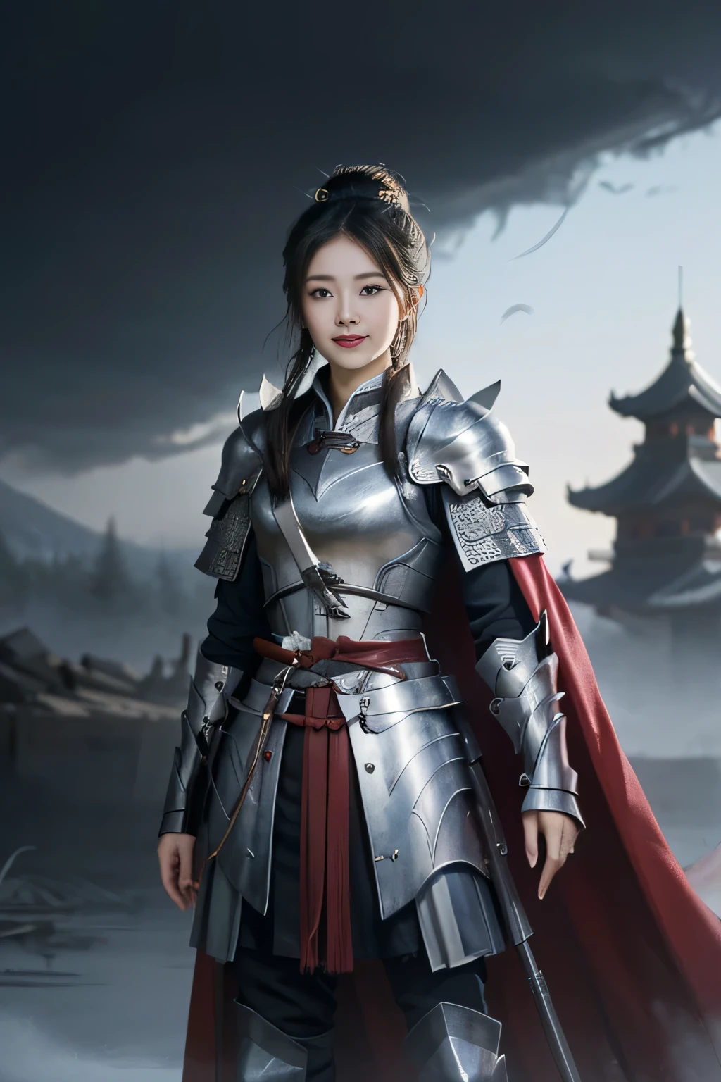 Chinese female general Hua Mulan,Vermilion Hufu lining,,Crimson cape,Silver metal breastplate,silver helmet,battlefield background,majestic,Smile(open mouth)(The corners of the mouth are raised),Leather tunic,Knee armor,Eight clones,silver metal headband,Hair bun raised high。wild wilderness background