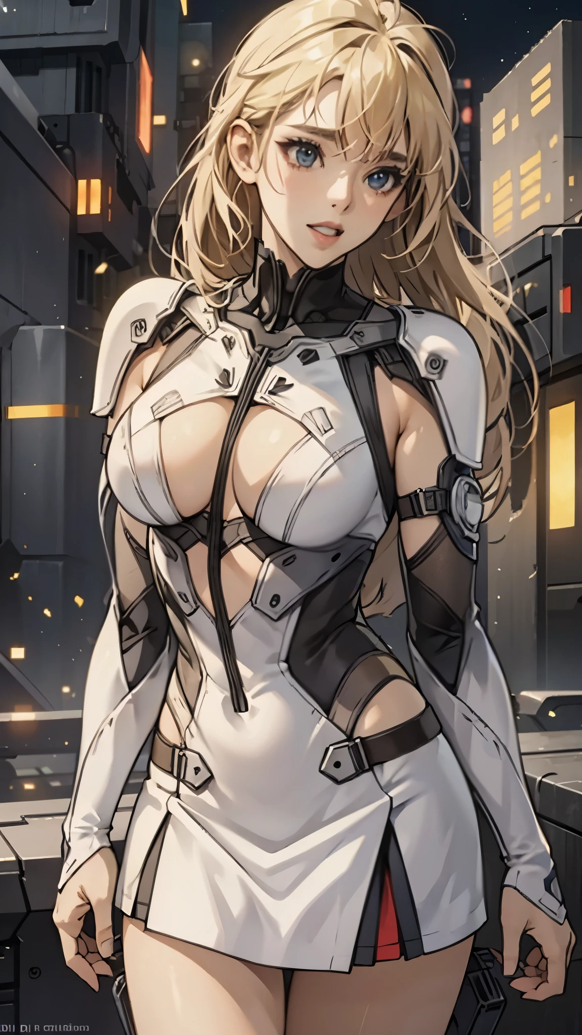 woman,20-year-old,,city,night,((white tight miniskirt bodysuit)),(Harada Makoto),open mouth smile,(((See-through))),((blonde)),long hair