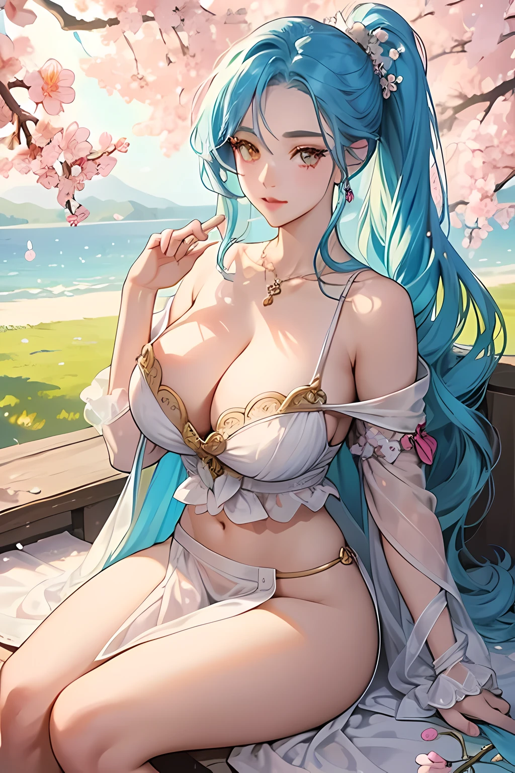 nsfw: This masterpiece, of exquisite best quality, showcases a single enchanting girl with flowing blue hair, styled in a side ponytail and long sidelocks. Her captivating yellow eyes, beautifully accentuated, gleam with an allure that draws you in. Endowed with gigantic breasts, she artfully displays her cleavage and midriff, adorned with intricate jewelry and a delicate necklace. A delicate ornament graces her forehead. Add detail to this seductive scene as the girl sits under a blooming cherry blossom tree, the dappled light of the golden hour cascading through the sakura petals. A pic