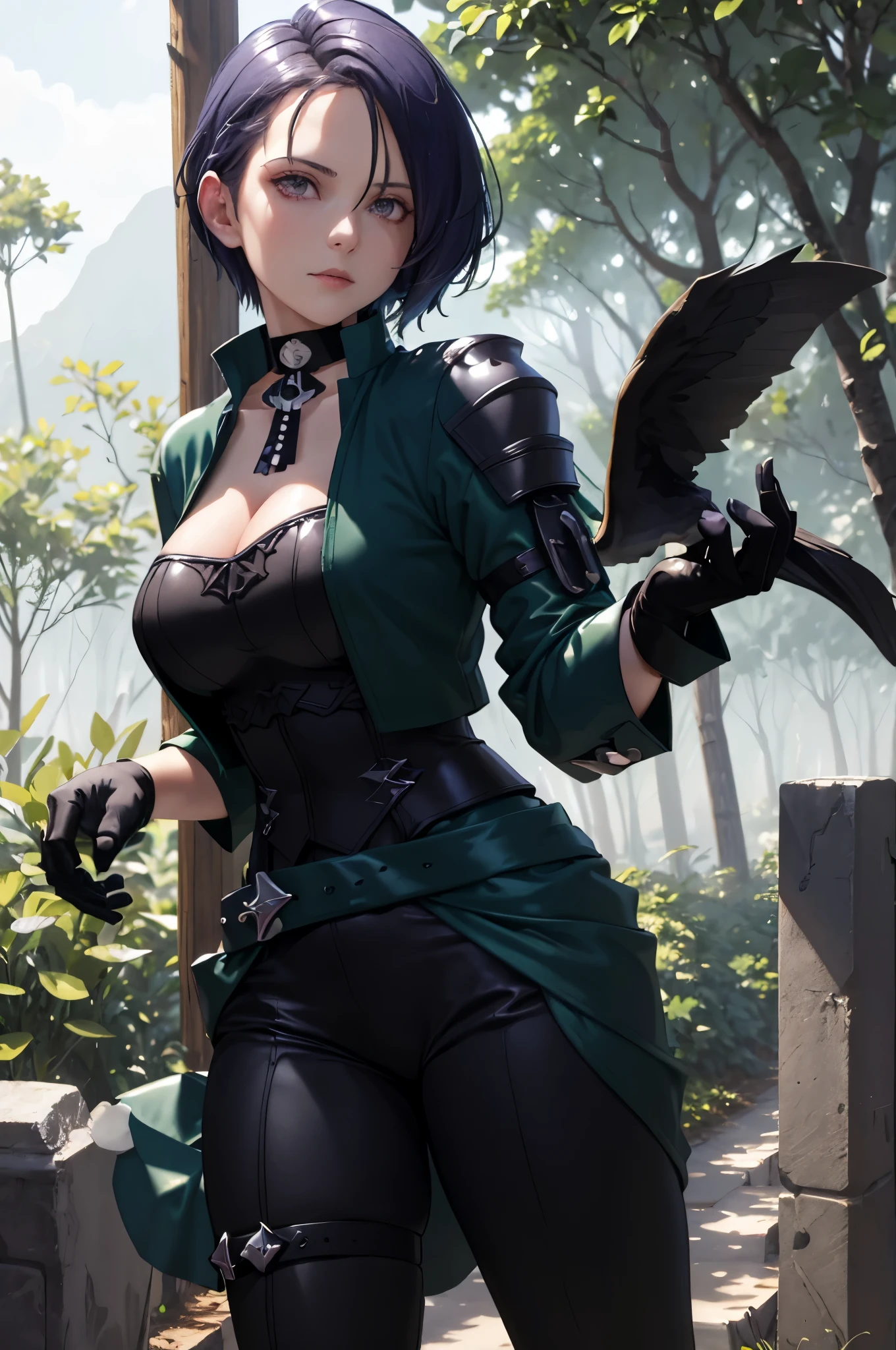 masterpiece, best quality, defShamir, collar, shoulder pad, black shirt, black gloves, bodice, green jacket, green belt, black pants, upper body, looking at viewer, serious, large breasts, forest, from side, trail