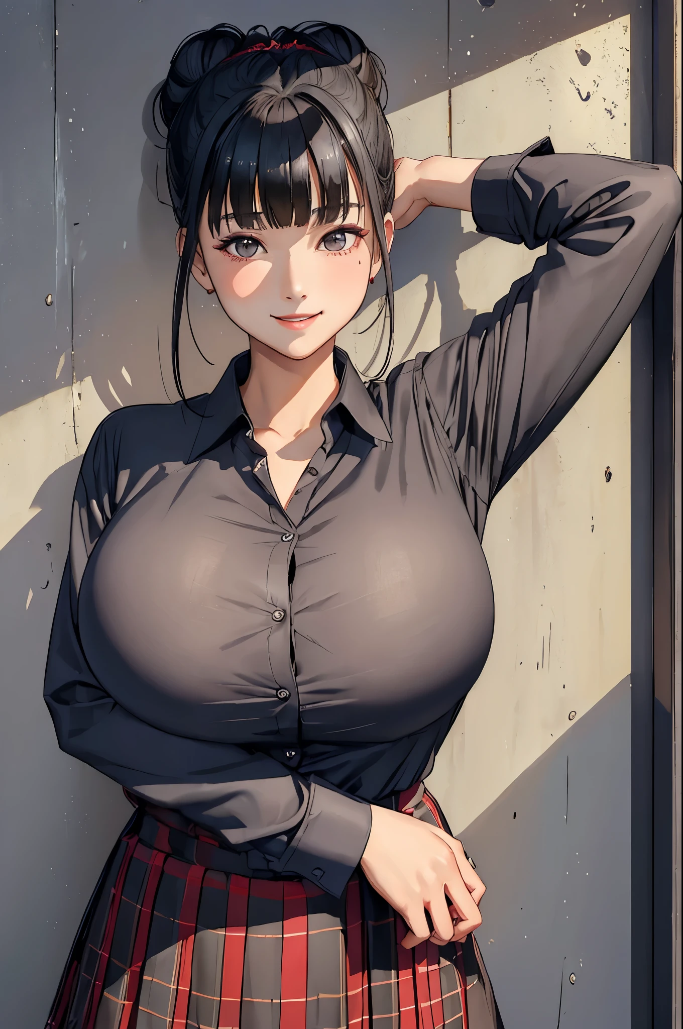 (masterpiece:1.4)、(highest quality:1.4)、ultra high resolution、beautiful features、20 year old woman、Black hair bun hair、blunt bangs、brown eyes、gray long sleeve collared shirt、Plaid skirt、(huge breasts:1.2)、red face、smile、Stand against the wall、Arms behind the body、bust up shot