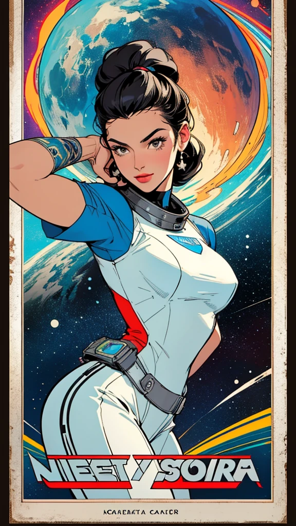 (((highest quality))),masterpiece,1 woman,((the perfect person)),((Super beautiful woman)),detailed perfect face,retro,vintage,classic,60's,70's,80's,old movie posters,abstract,((スペーススリラーmovie poster)),(Futuristic),Geometric pattern,very delicate,movie poster_white frame,universe,Milky Way,planet,,propaganda,universe飛行士,breast enhancement,