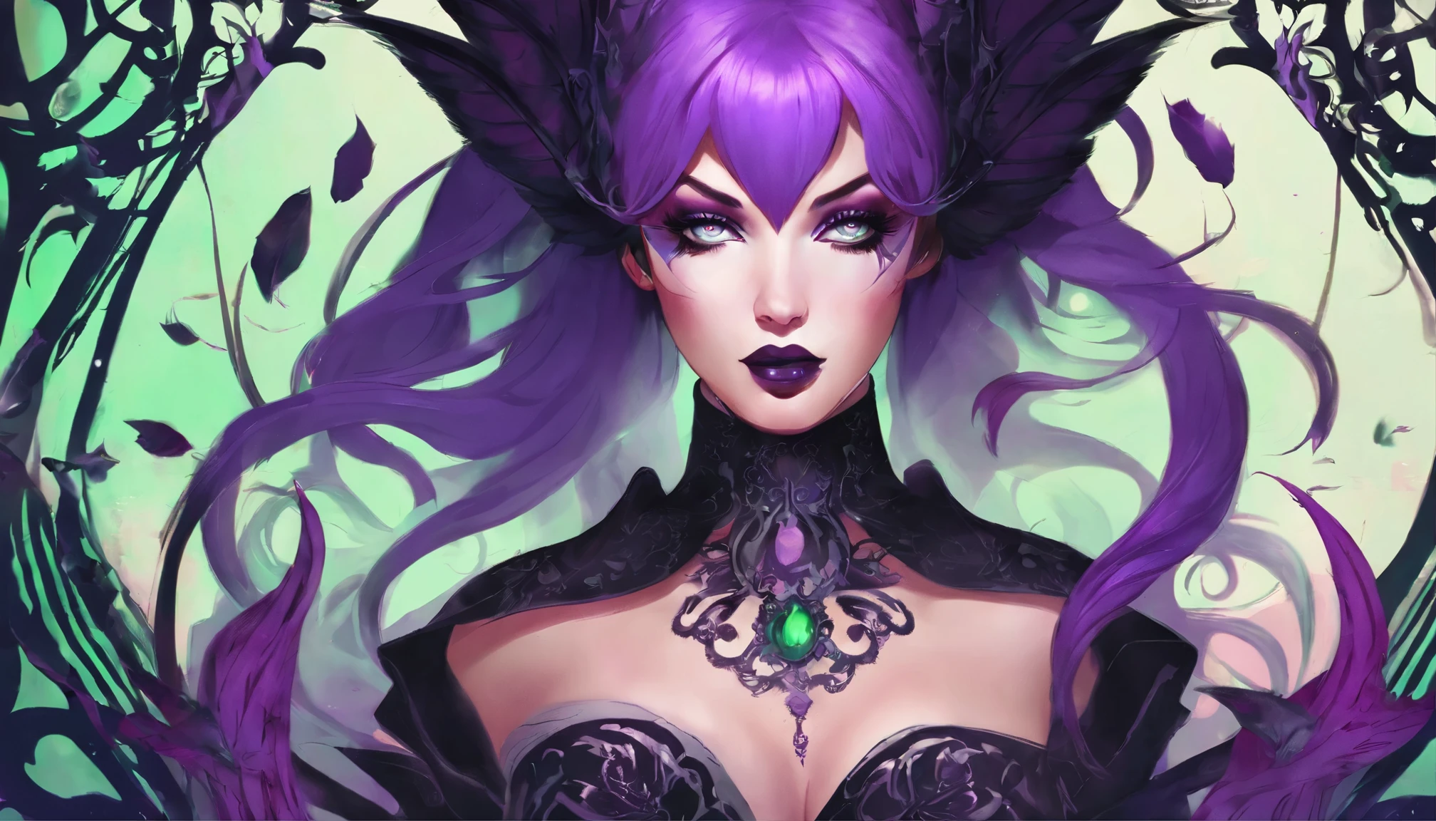 a close up of a woman in a costume with purple hair and purple glowing eyes, glowing green pumpkins, lois van baarle and rossdraws, artgerm and lois van baarle, artgerm and rossdraws, rossdraws cartoon vibrant, beautiful succubus, ross tran style, rossdraws 2. 5, inspired by Afrobull, halloween art style, extremely detailed artgerm