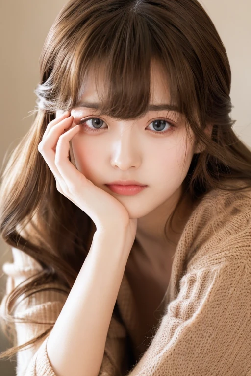 ((highest quality)), ((masterpiece)), (cinematic aesthetic:1.4) Japanese　Eyes only　brown hair　Loose and fluffy hair　Purikura style　cover one eye with one&#39;s hand