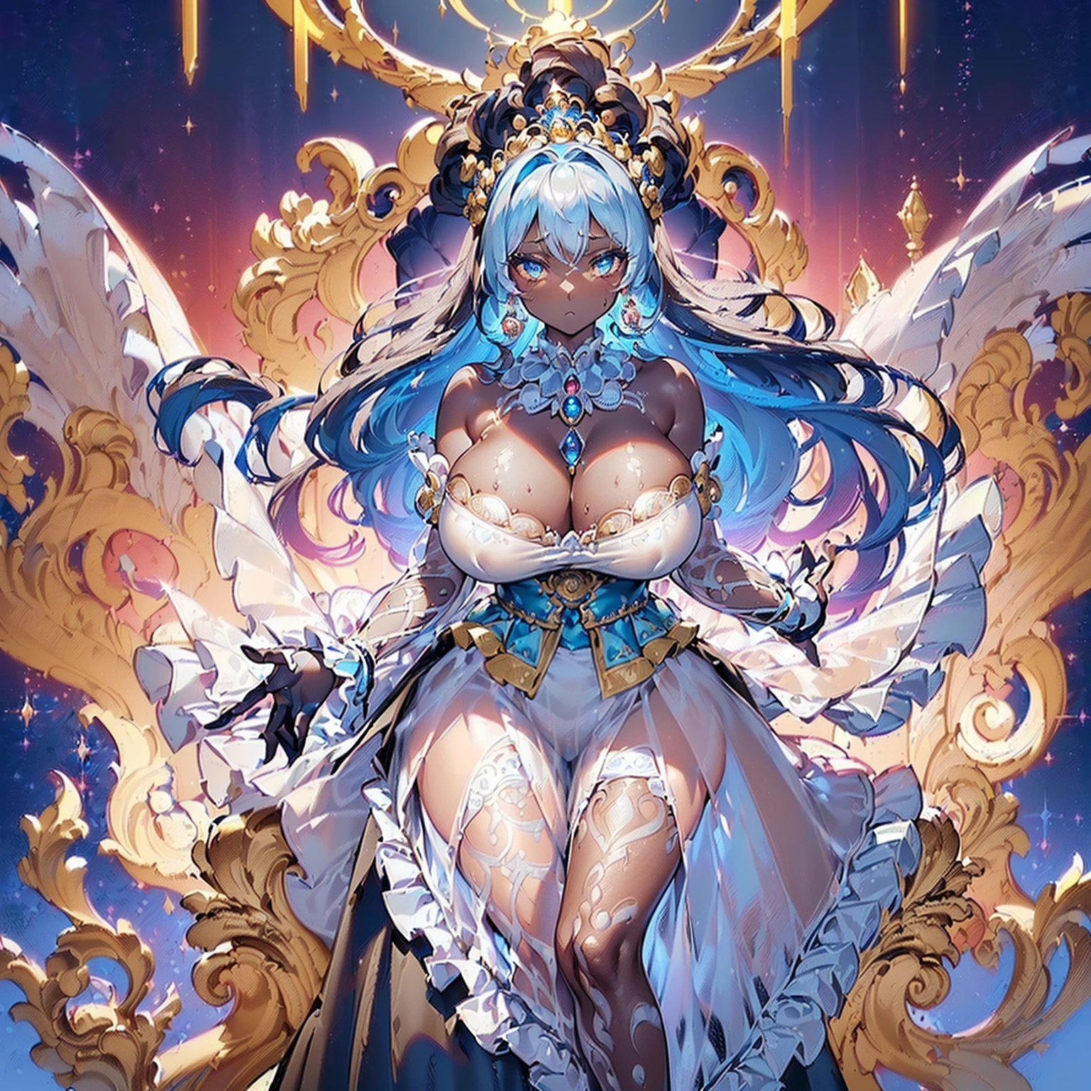((NSFW)) (((Huge breasts))) ((Spread your))((gigantic breasts)),((((((dark skin)))))(((vulgarity))(((large areolae)))(1girl), (((dark skin))), (((see-through dress)))((vulgarity)) (in heat) (sweat) (masterpiece) ((high resolution)) (gigantic breasts)),masterpiece,best quality,ultra-detailed,an extremely delicate and beautiful,extremely detailed CG unity 8k wallpaper,(game cg:1.3),(cinematic light),fine luminescence,overexposure,perfect anatomy,(((soro))),((1 lady)),((royal cute princess)),(highly detailed beautiful face and eyes),clear pupil ,very long hair,((((Large amount of hair)))),random colors hair,shiny hair,floating hair, ((lage breast)),cleavage,(curvy),gleaming skin,(((beautiful detailed rococo style ruffled ball gown))),((((beautiful detailed gorgeous embroidery ruffled full-length draping puffy skirt)))),Beautifully gorgeous jeweled tiara, gem earrings,Beautifully Gorgeous gem necklace,(Beautifully Gorgeous jewelry ornaments), ultra long gloves,((dynamic angle)),looking at viewer, ((royal fantasy palace)),throne room,((light particles)),(cowboy_shot),full body,
