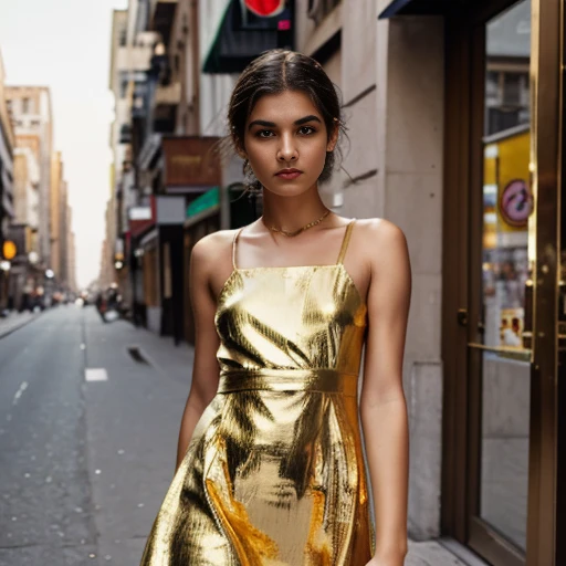 1girl,city street, (masterpiece, raw photo, fashion editorial),gold shot,dress,