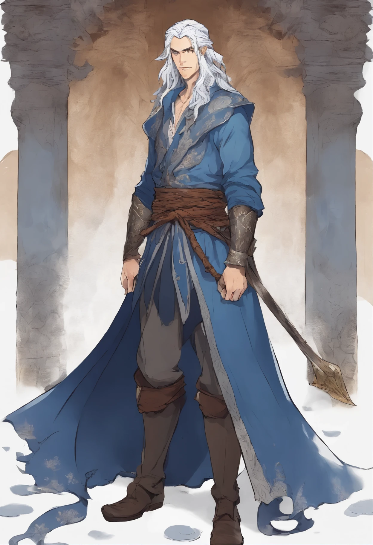 A male human with fair skin and long, tied-up silver hair is standing looking at the viewer. Roupas de inverno em tons azul escuro. The background of the image is white. (Arte conceitual. Arte conceitual de personagem. Arte conceitual de RPG. Splash ART. heroic pose. SketchUp Style.