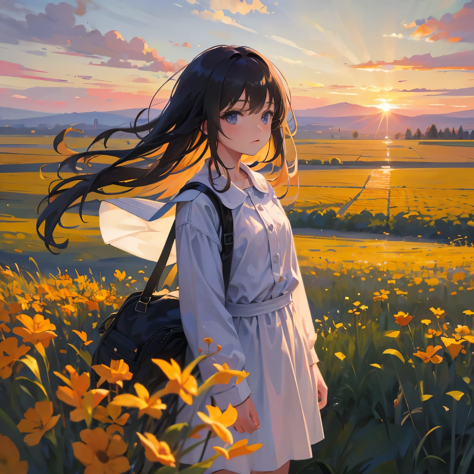 girl standing in field, closeup, portrait, clouds, sunrise